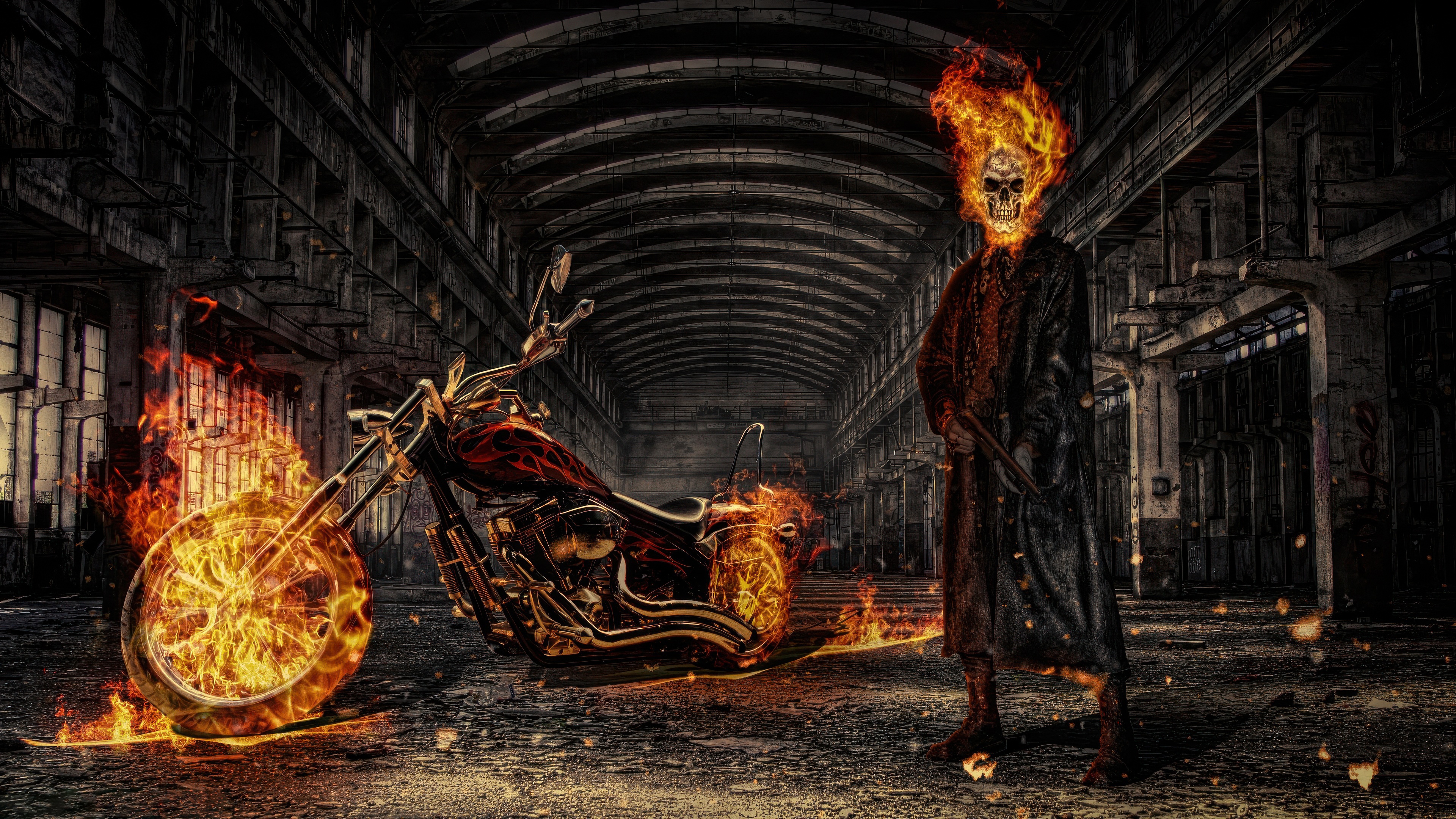 Ghost Rider and his flaming motorcycle in an abandoned factory HD Wallpaper