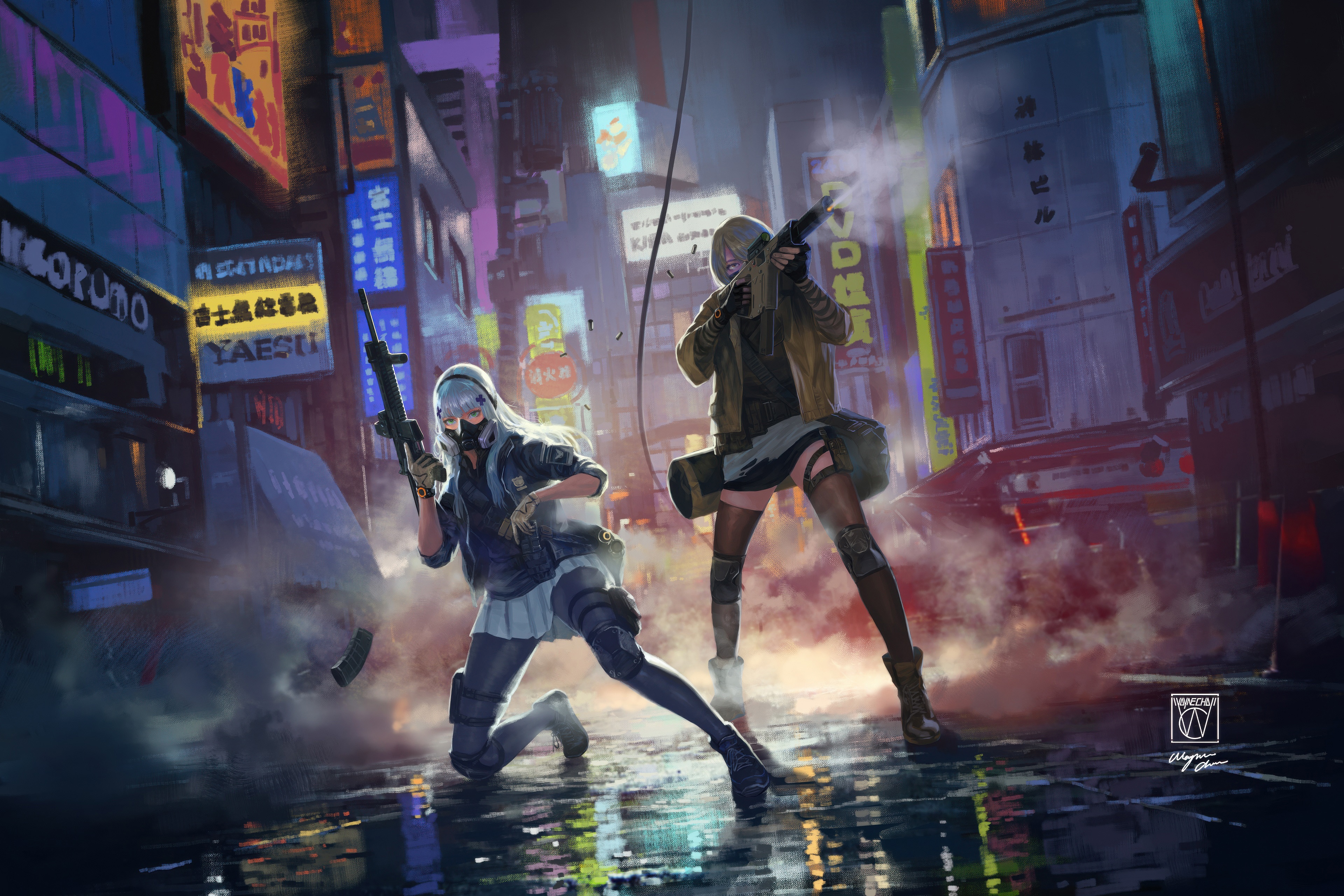 Anime Heroines in a Neon-Lit City Street HD Wallpaper