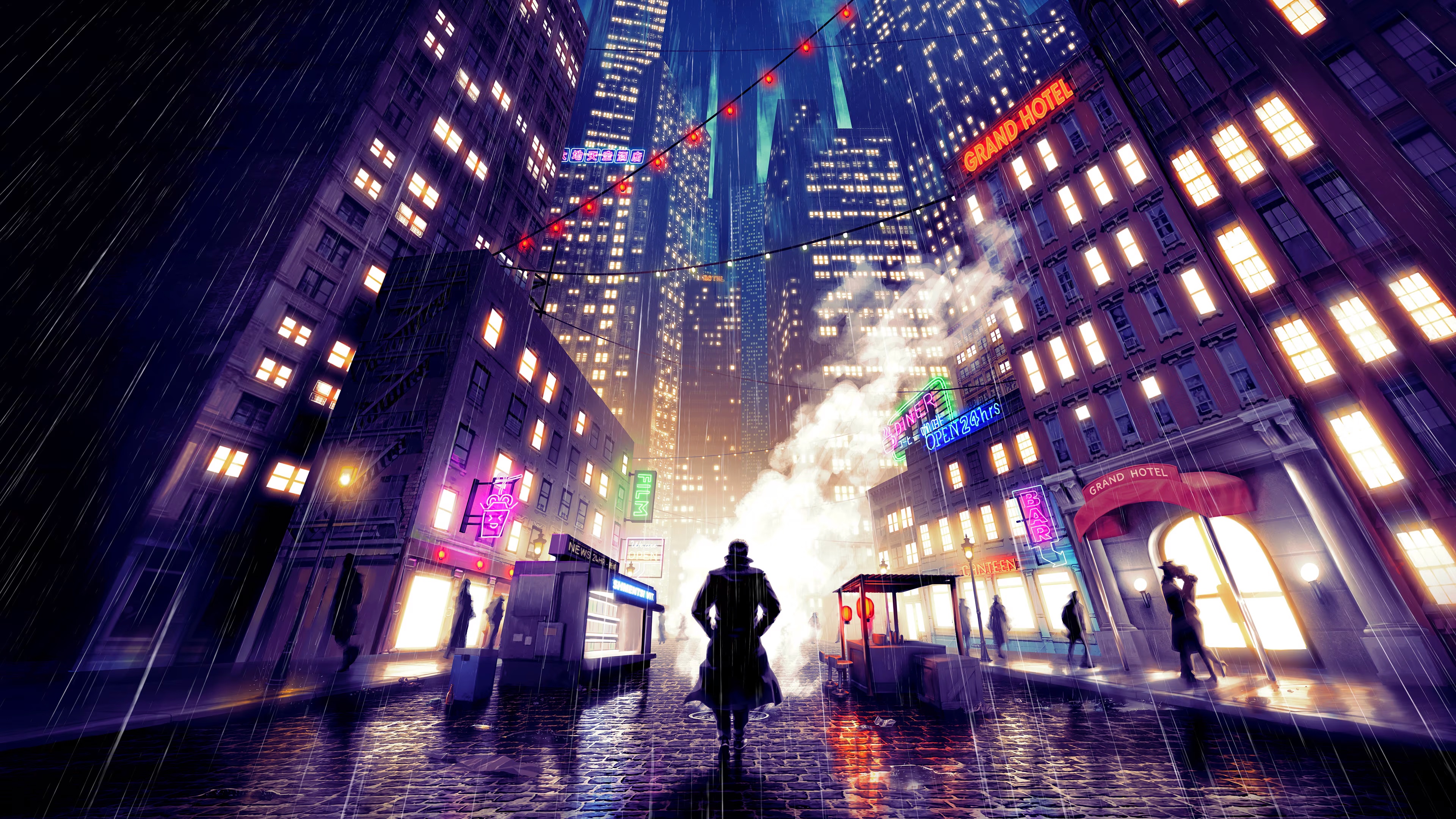 Shadows Of Doubt: Rainy Cityscape with Lone Figure HD Wallpaper