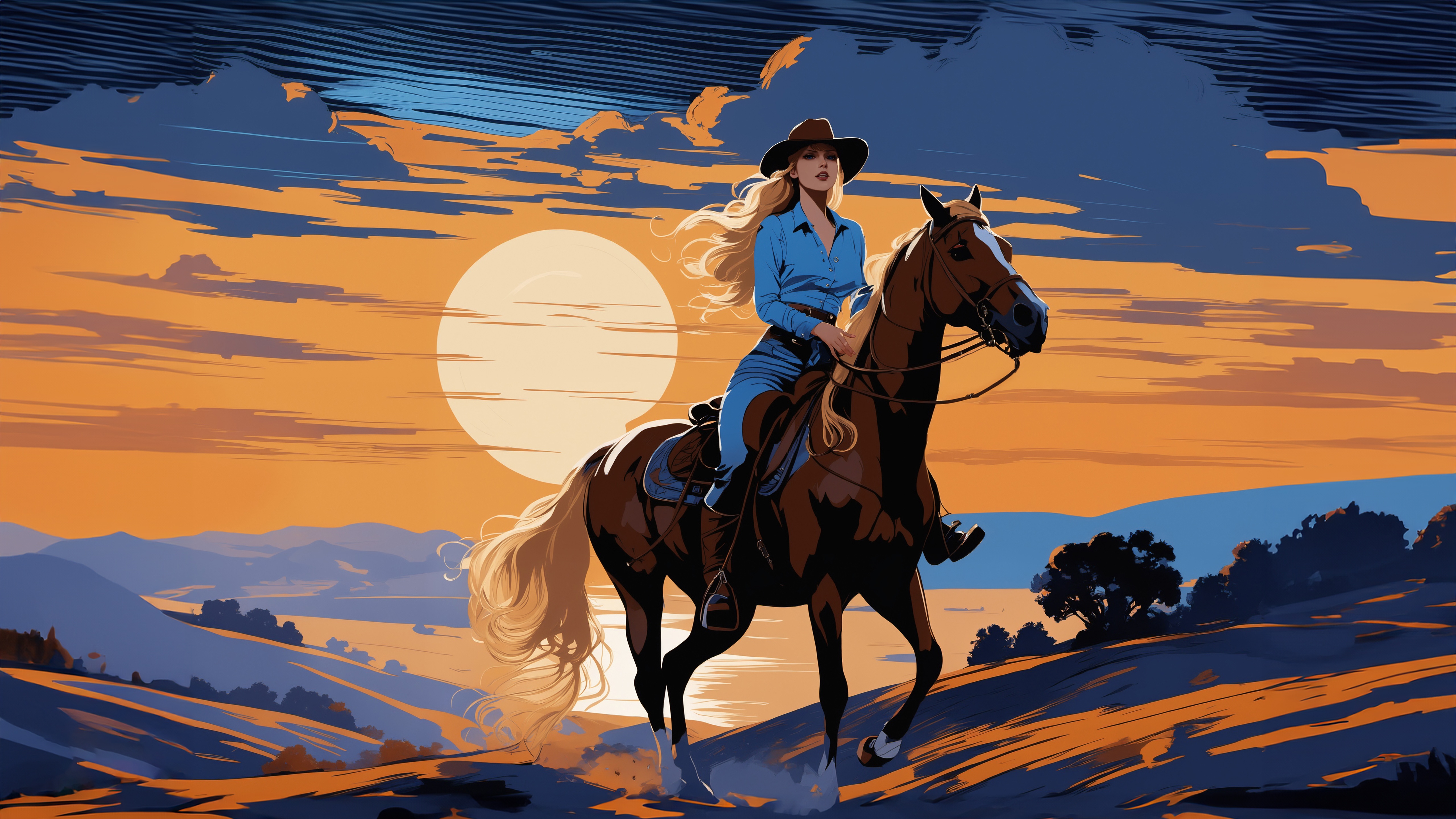 Girl on a horse at sunset HD Wallpaper