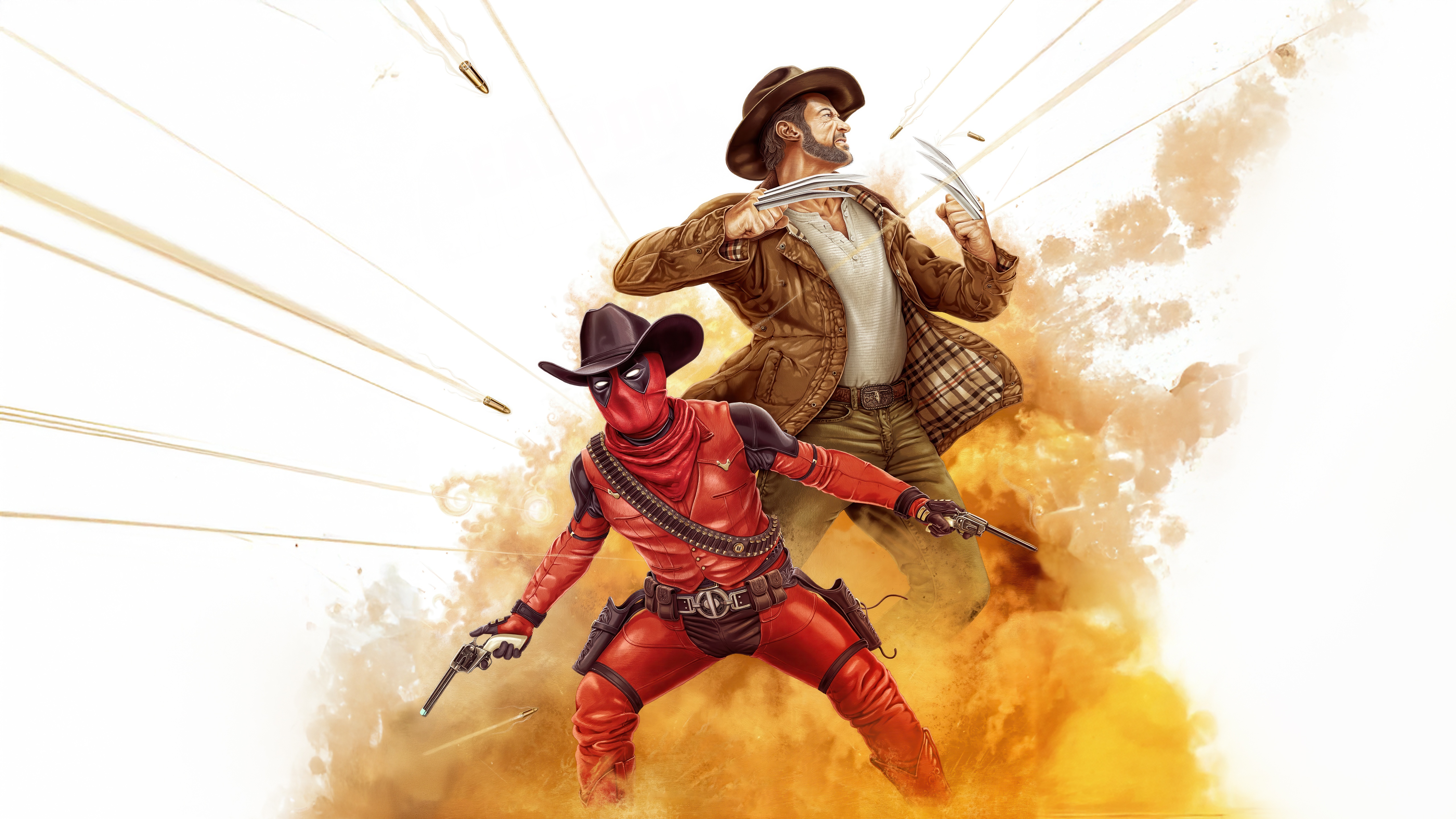 Deadpool and Wolverine in a Western shootout HD Wallpaper