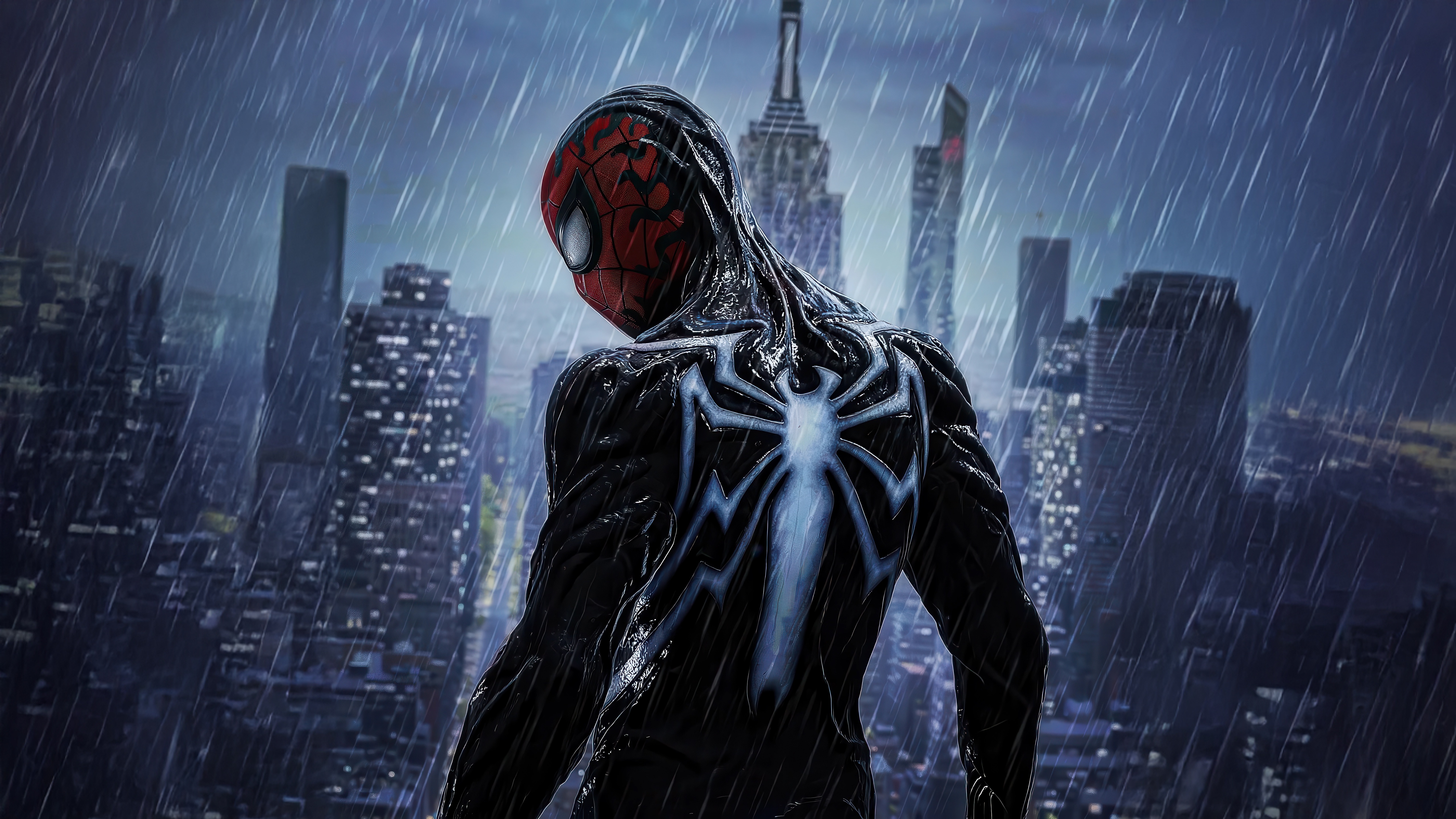 Spider-Man in Venom Suit in Rainy City HD Wallpaper