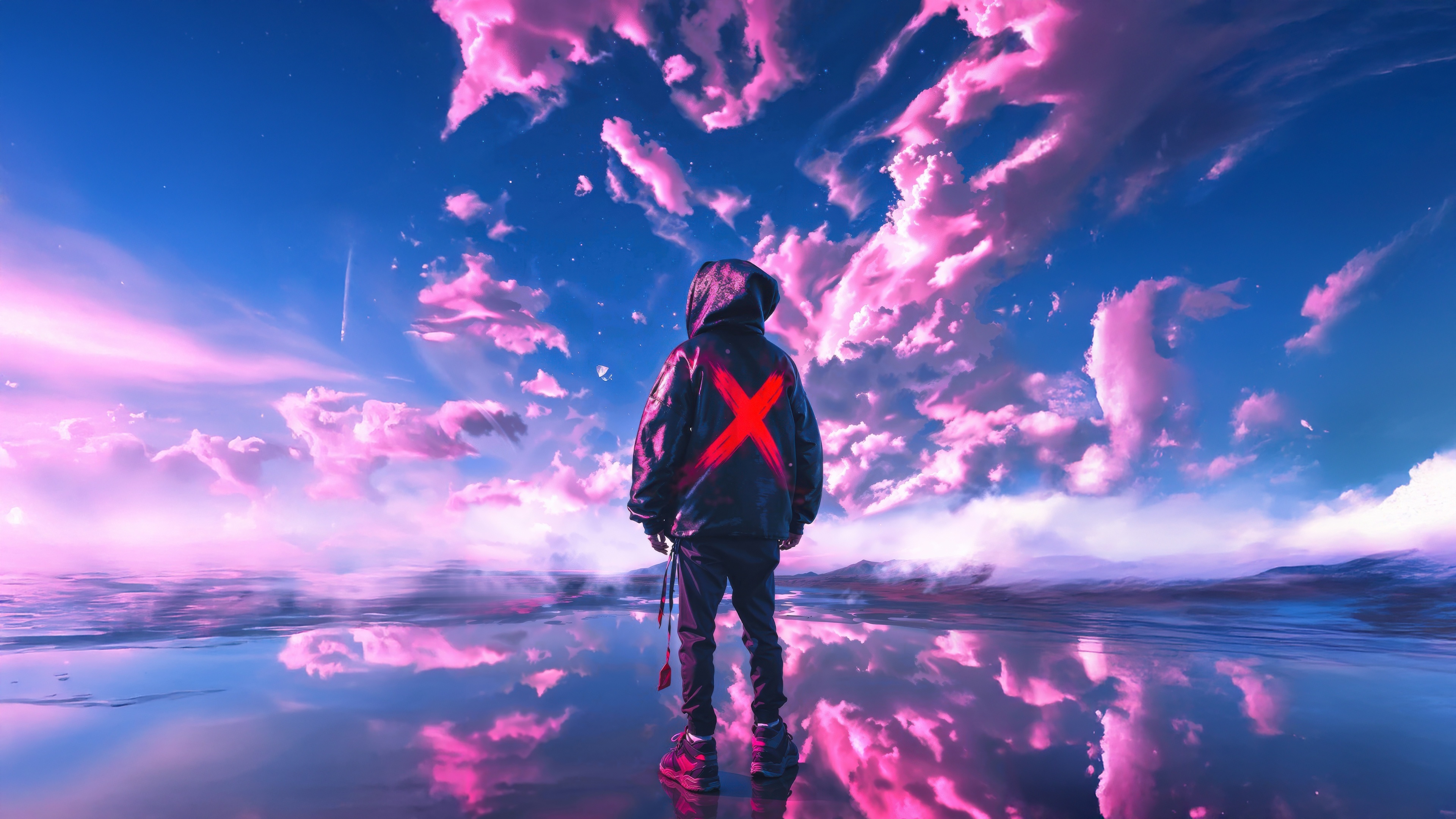 Person with Red X Jacket on Infinite Horizons HD Wallpaper
