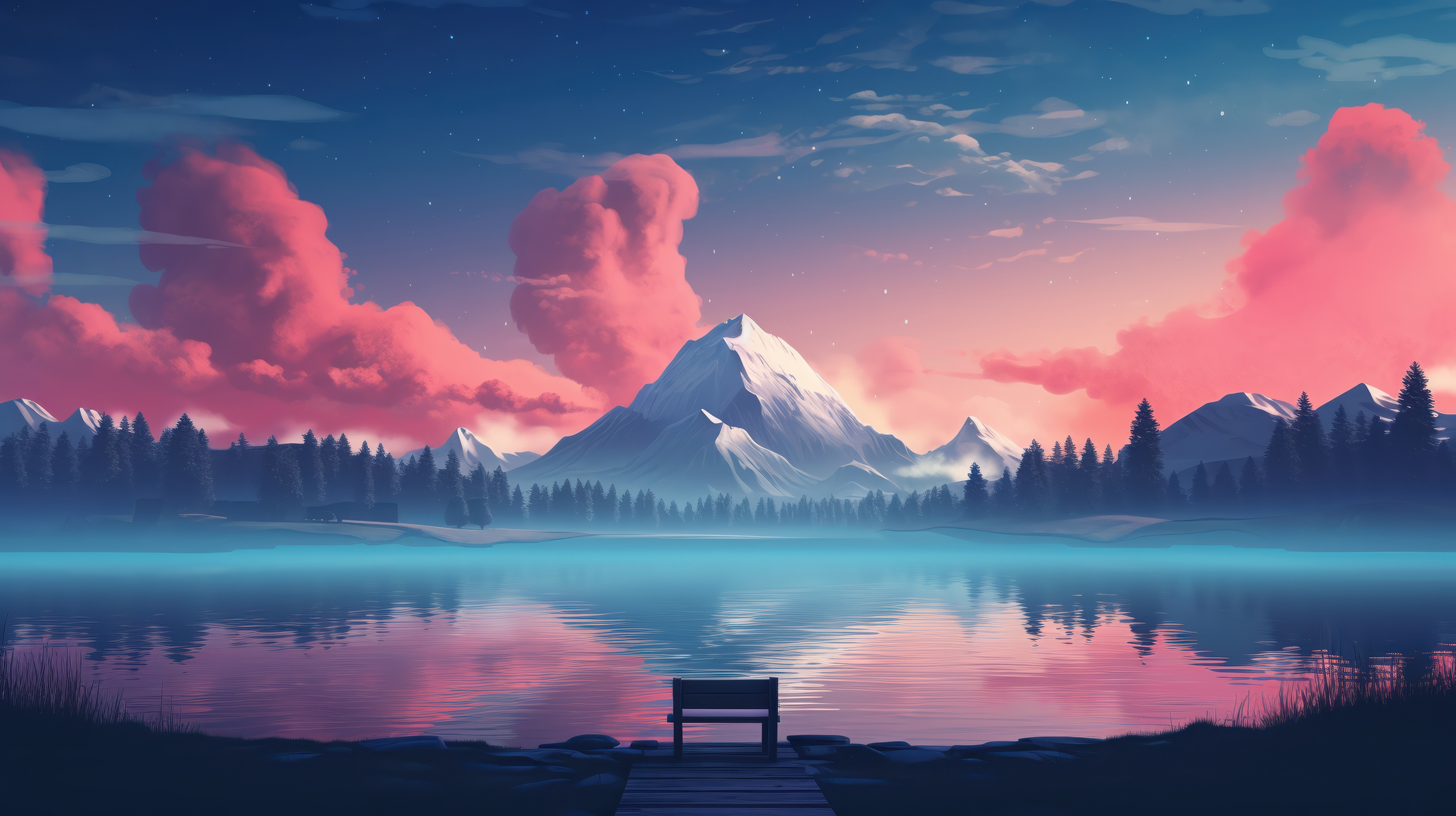 Lake with Mountains and Pink Clouds HD Wallpaper