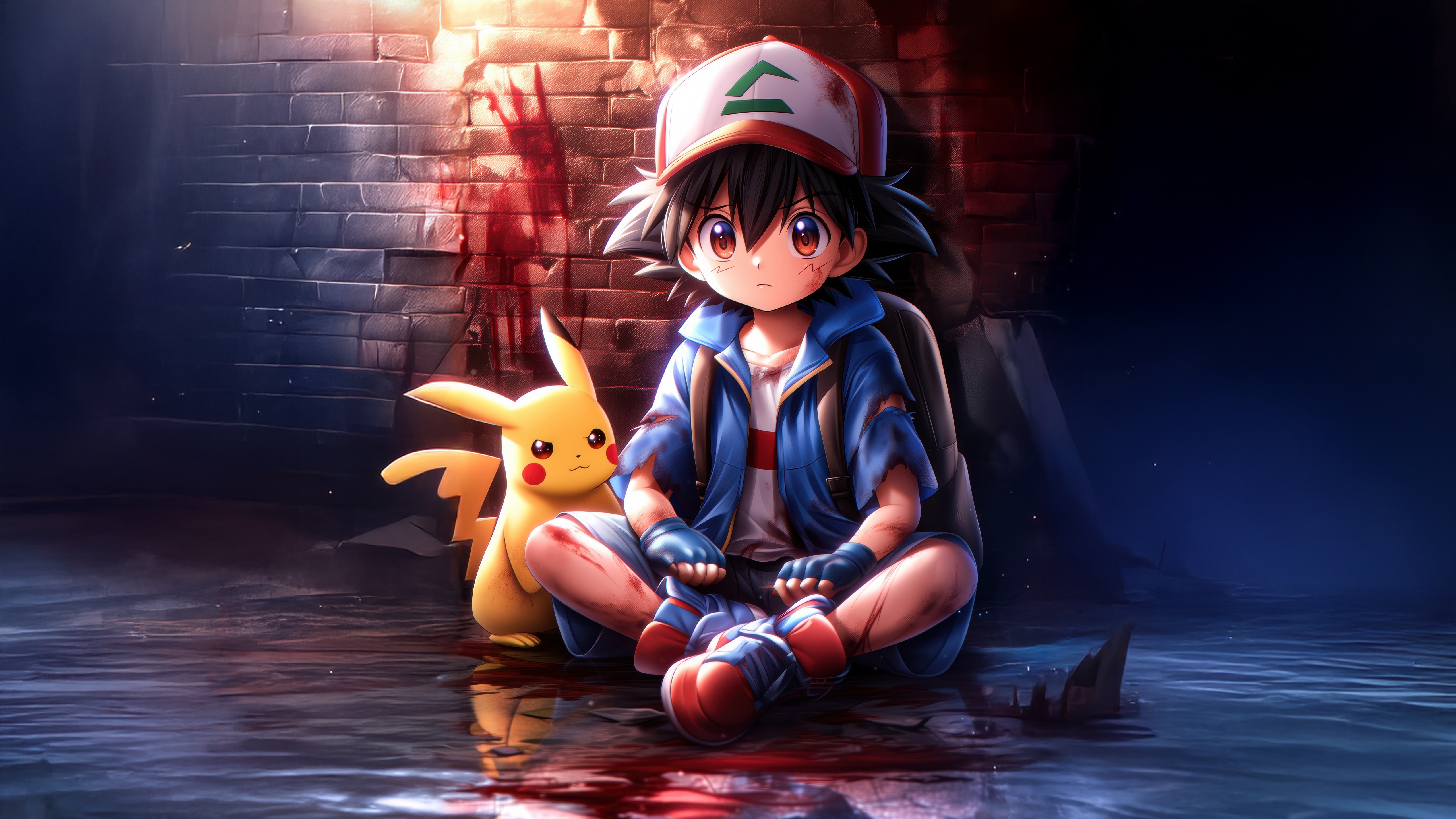 Ash and Pikachu in a dark, bloody alley HD Wallpaper