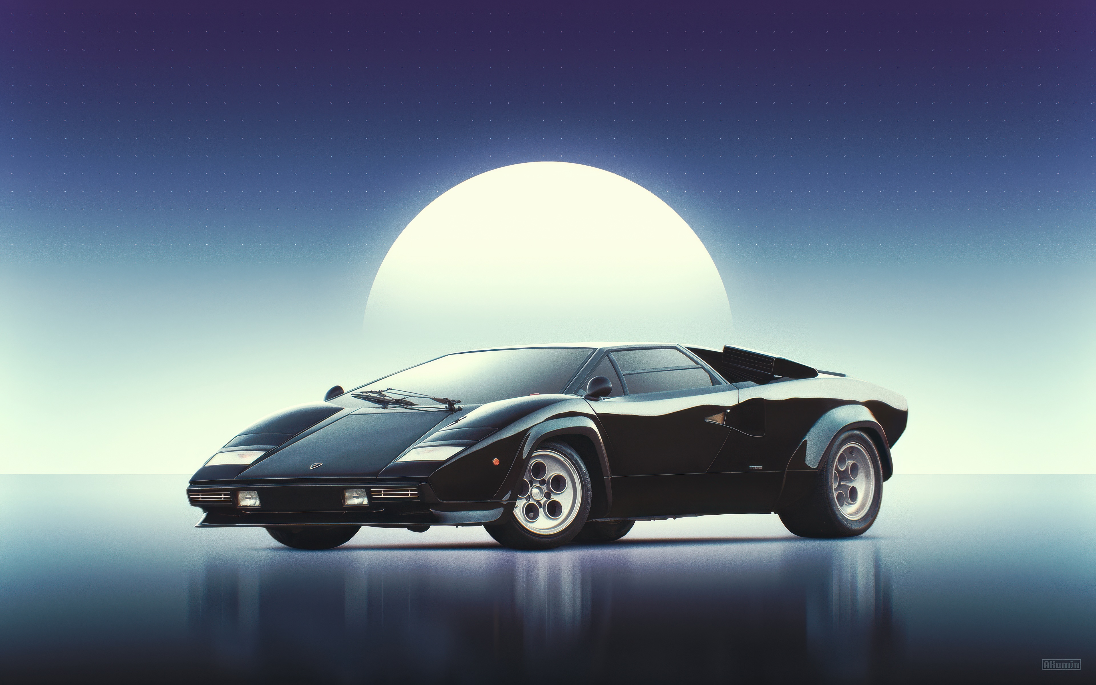 Black Lamborghini Countach in front of a large sun HD Wallpaper