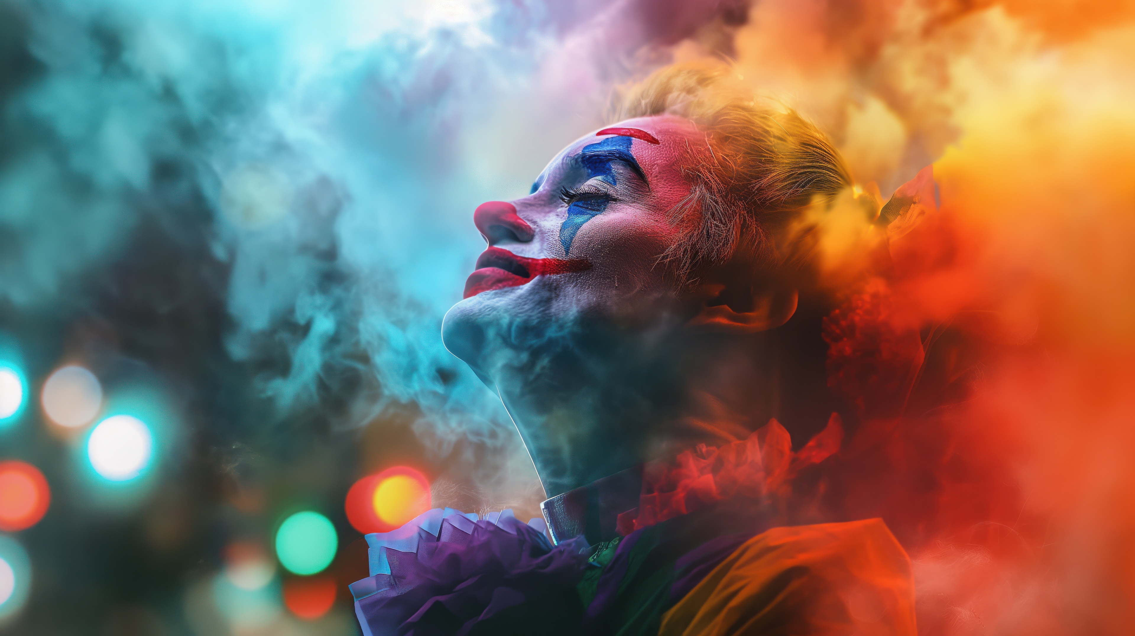 Joker with blue and red face paint surrounded by smoke HD Wallpaper