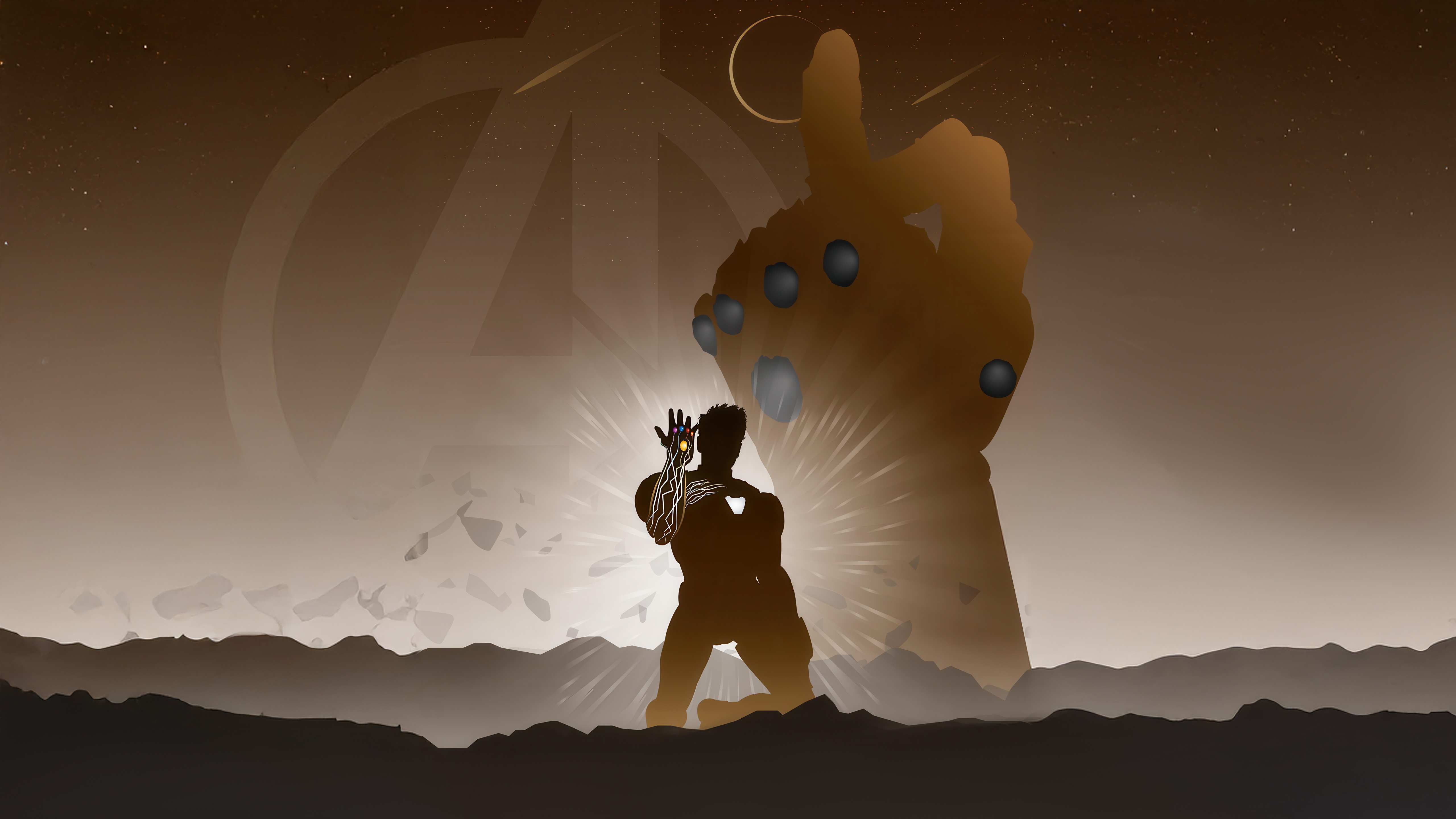 Iron Man with Infinity Gauntlet and Thanos's hand HD Wallpaper