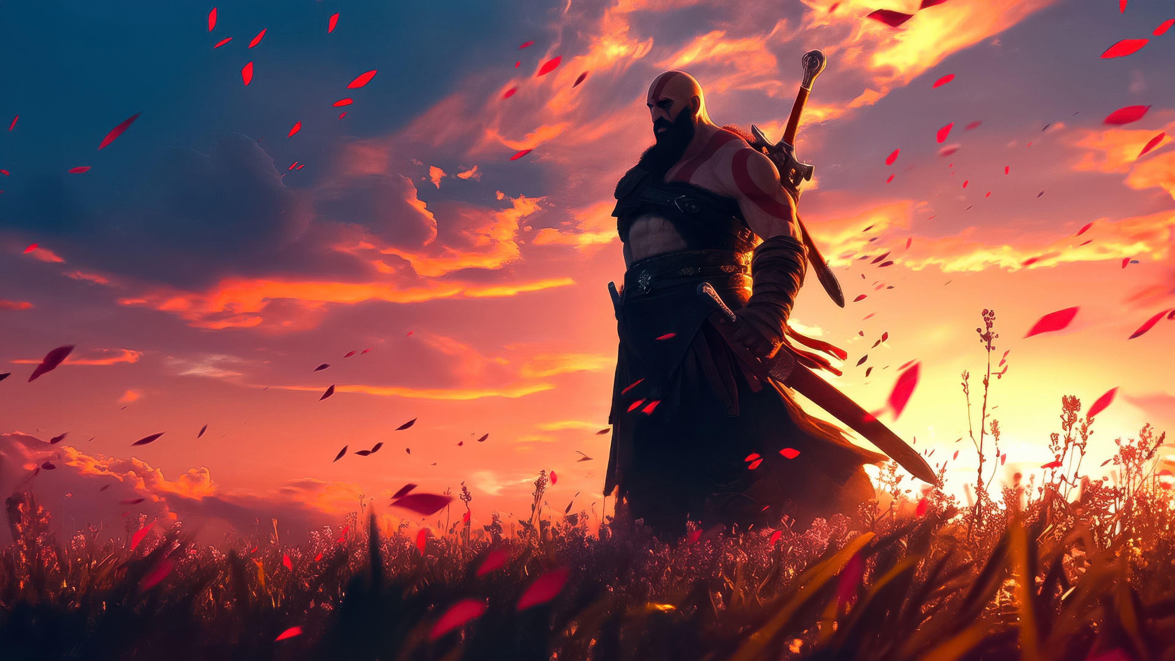 Kratos in a field of red petals at sunset HD Wallpaper