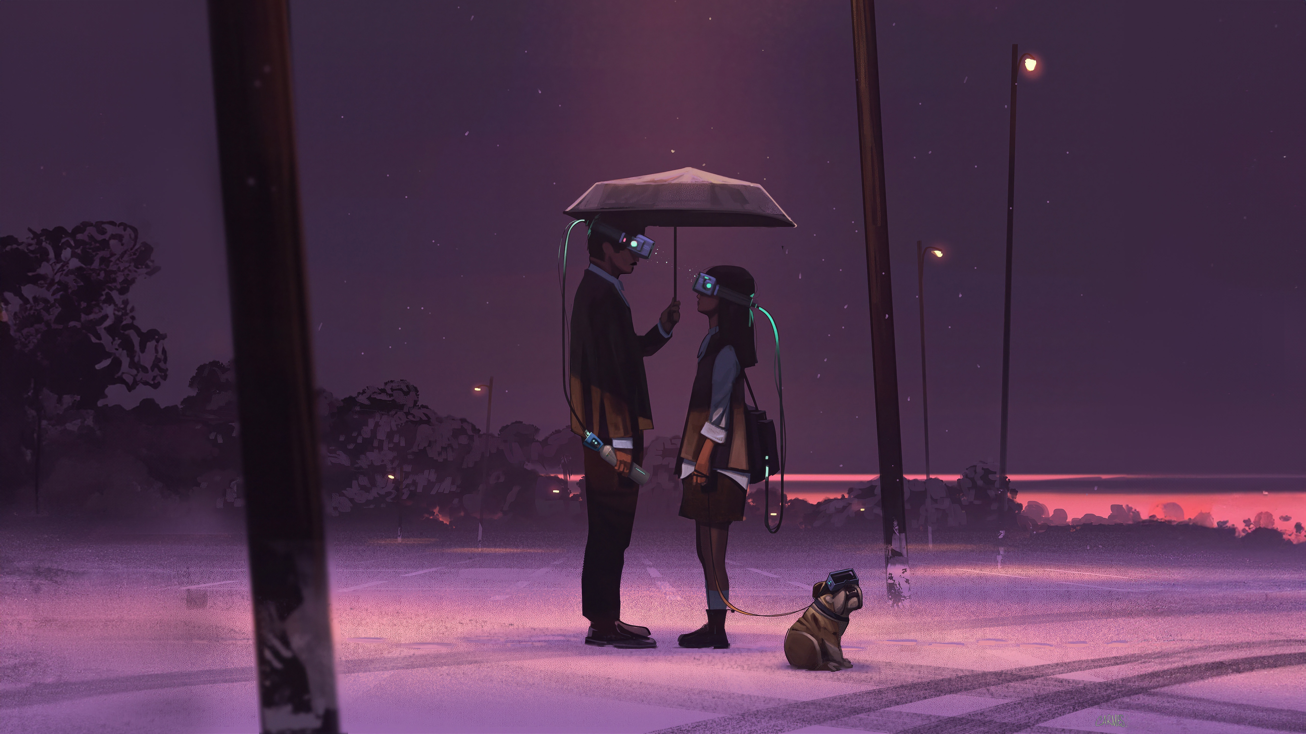 Couple in VR headsets under an umbrella with a dog HD Wallpaper
