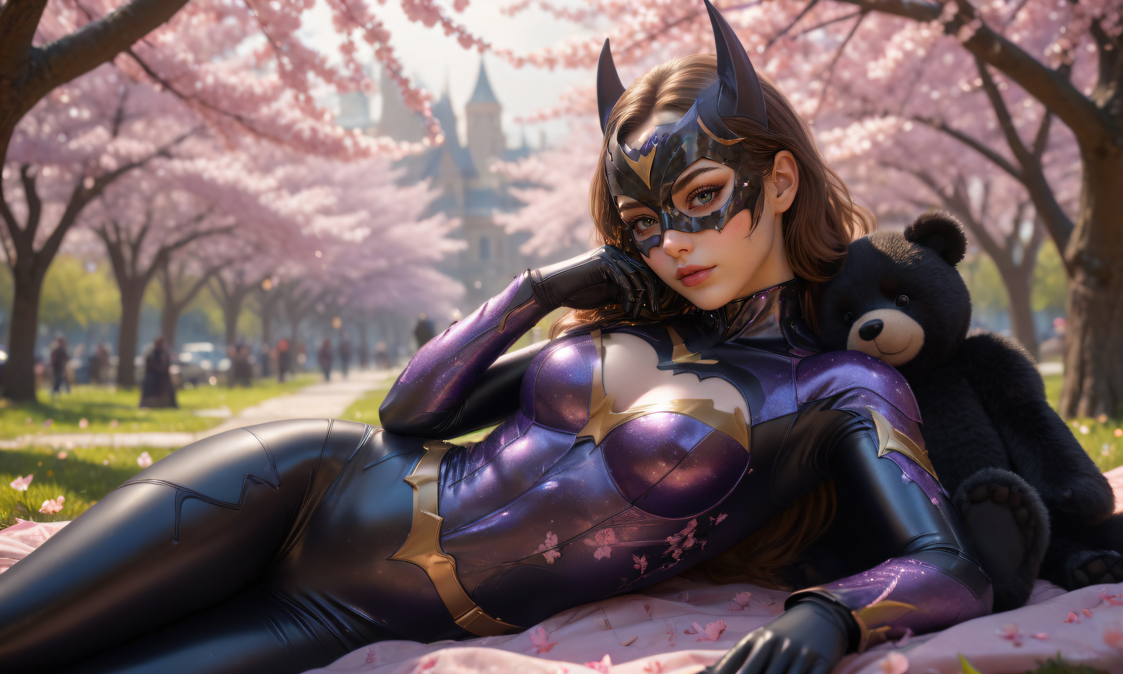 Batgirl with a teddy bear in a park with cherry blossoms HD Wallpaper