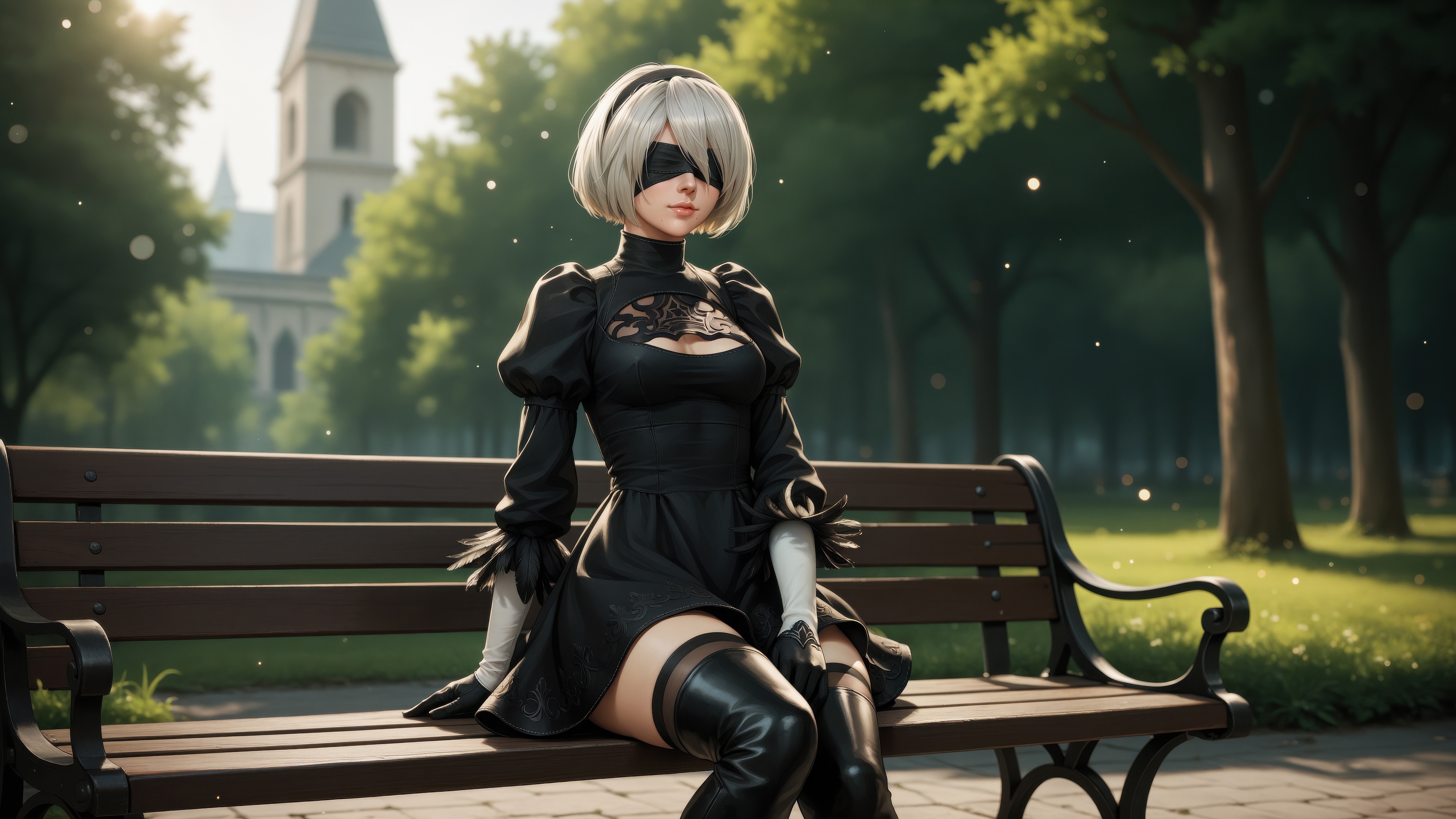 Yorha No 2 Type B sitting on a park bench HD Wallpaper