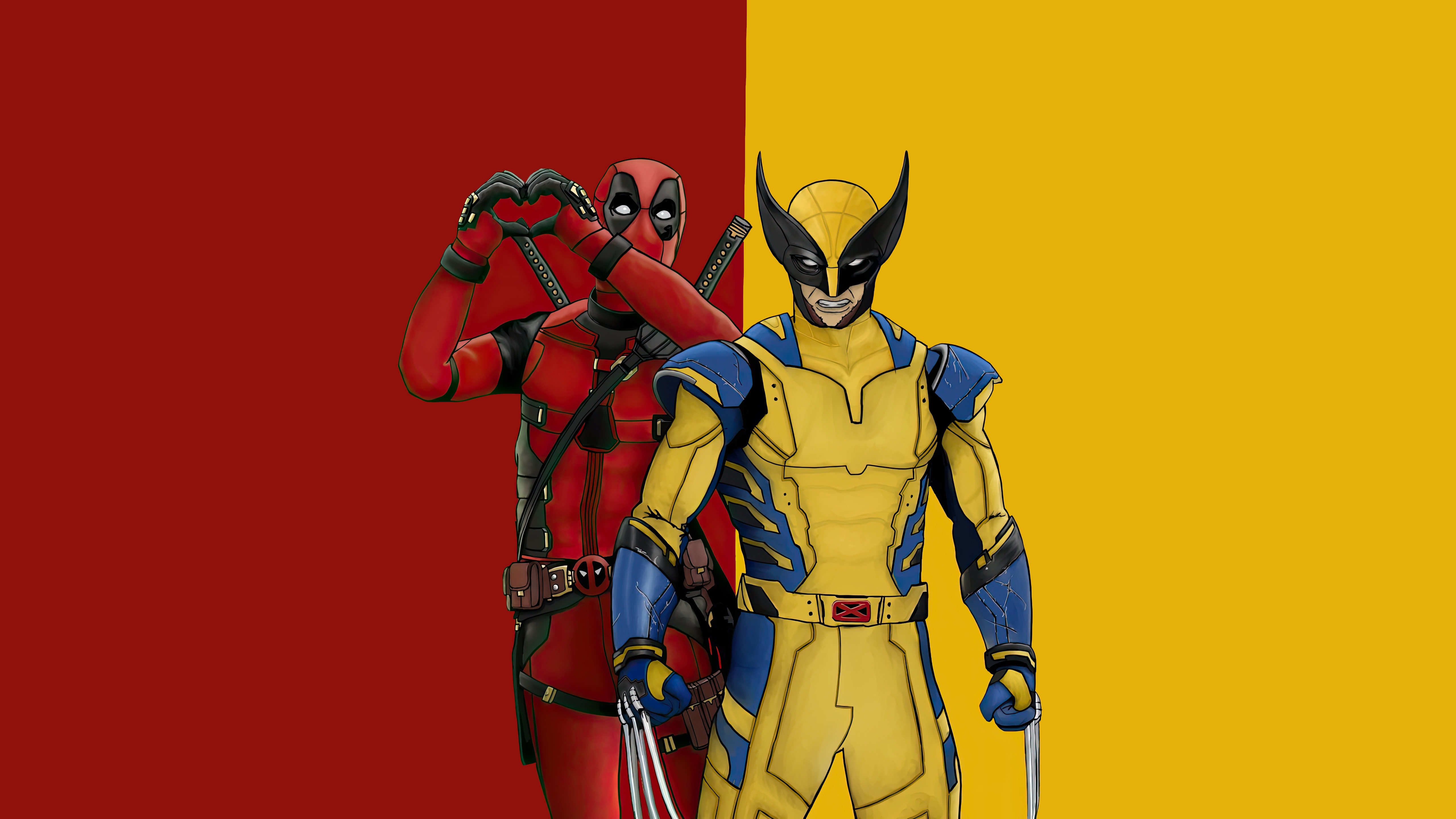 Deadpool and Wolverine on a split background HD Wallpaper