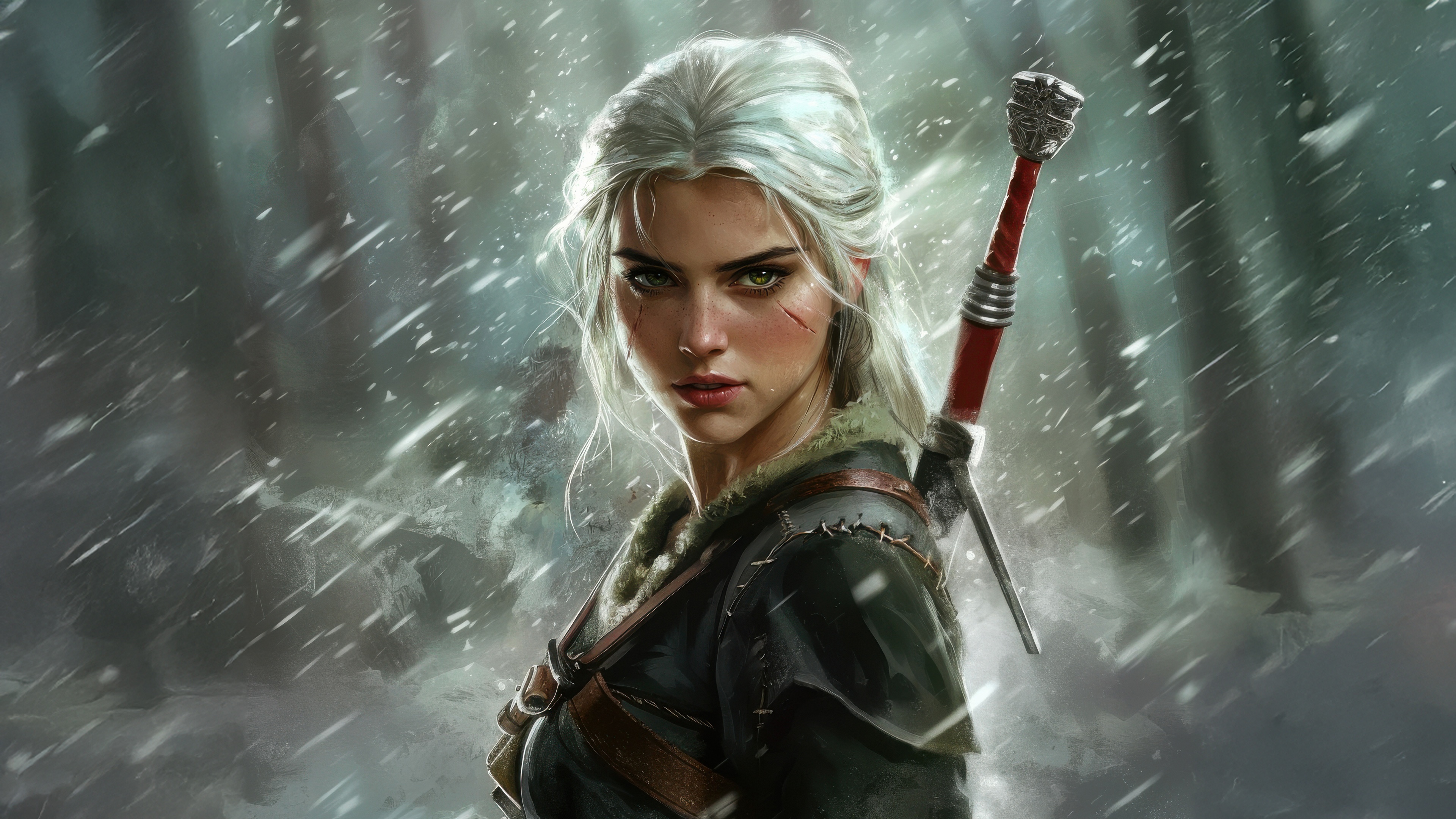 Ciri from The Witcher in a Snowstorm HD Wallpaper