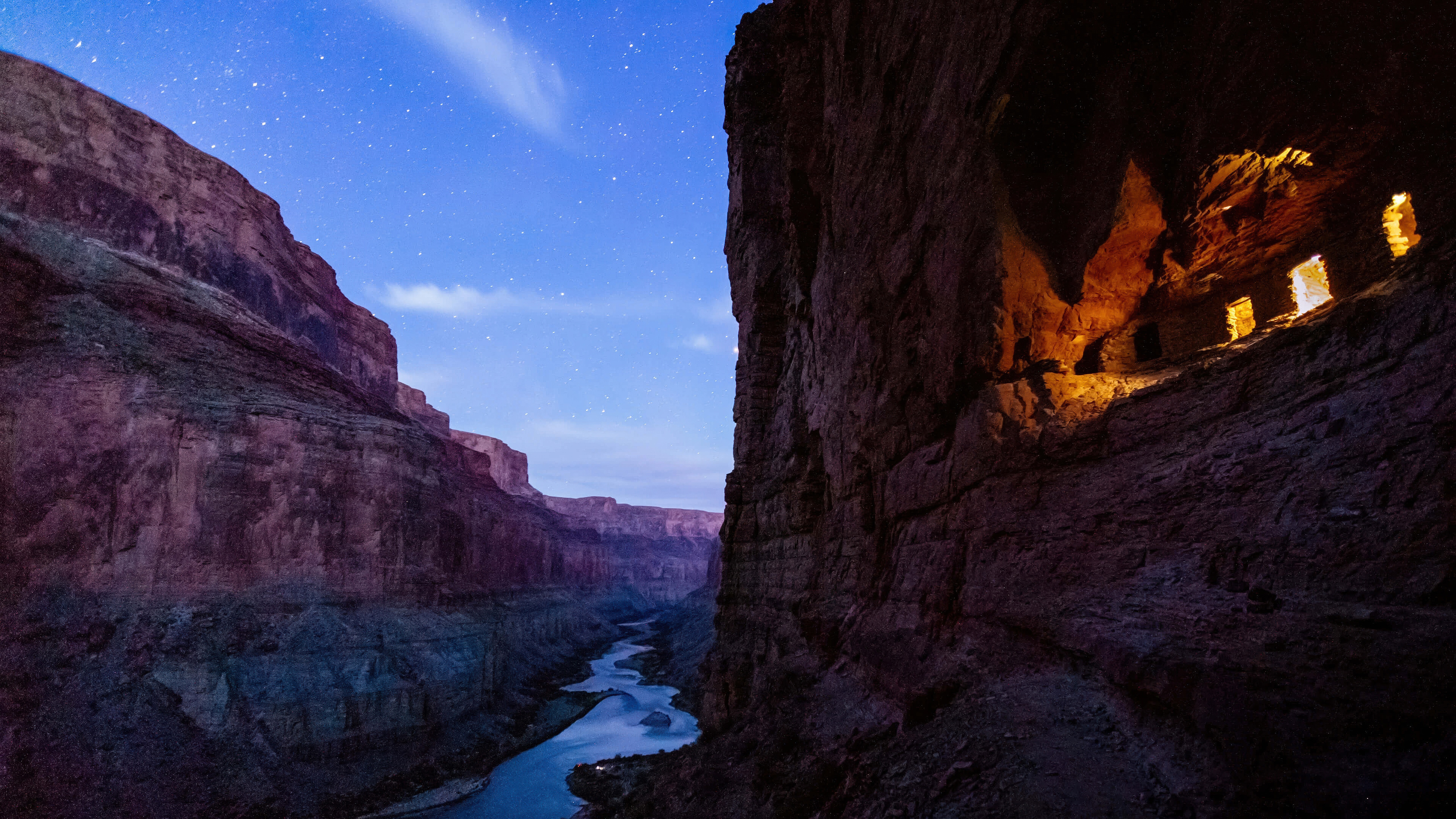 Ancient dwellings in Grand Canyon National Park at night HD Wallpaper