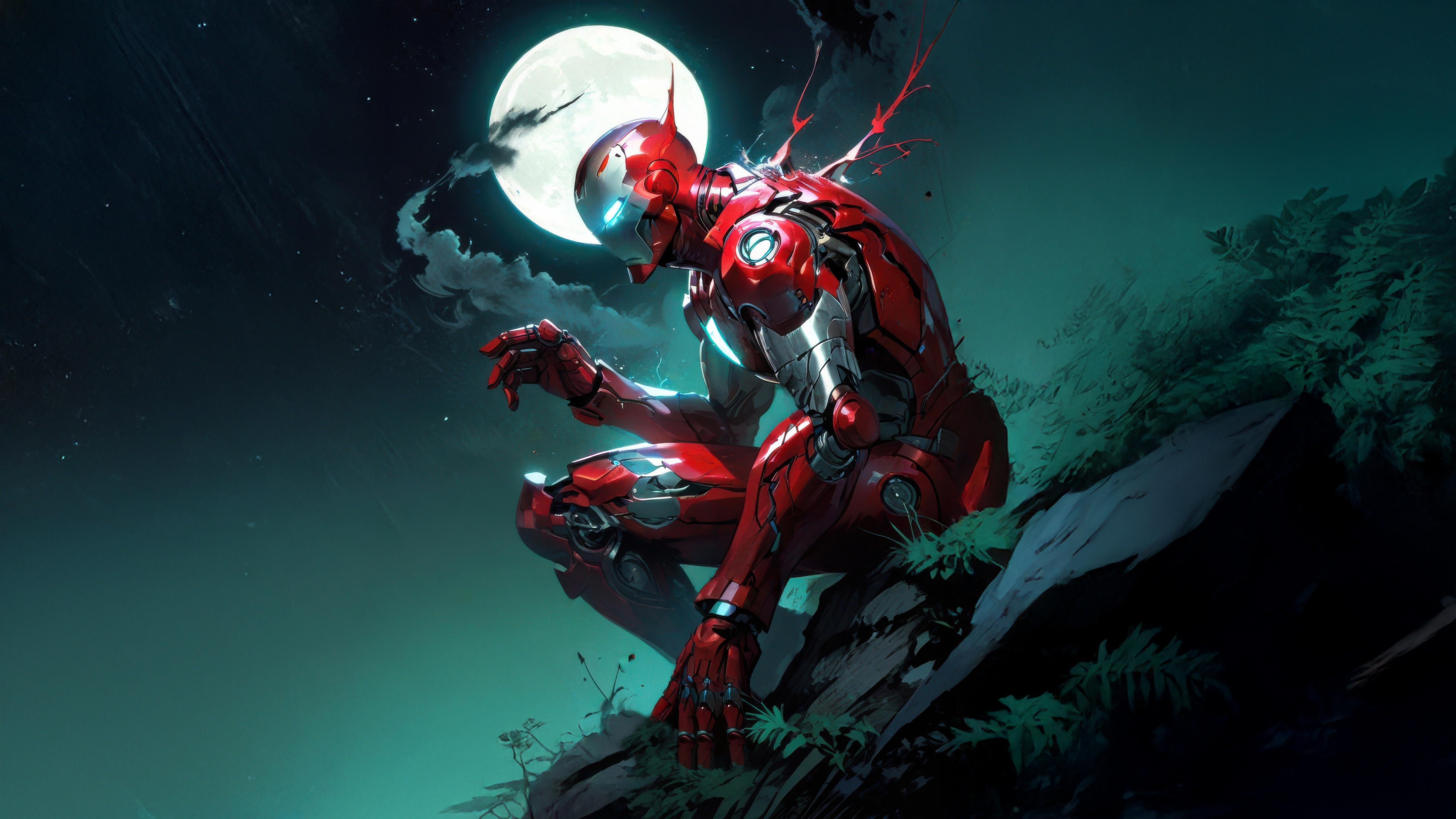 Iron Man Crouching on a Rock Under the Moon HD Wallpaper