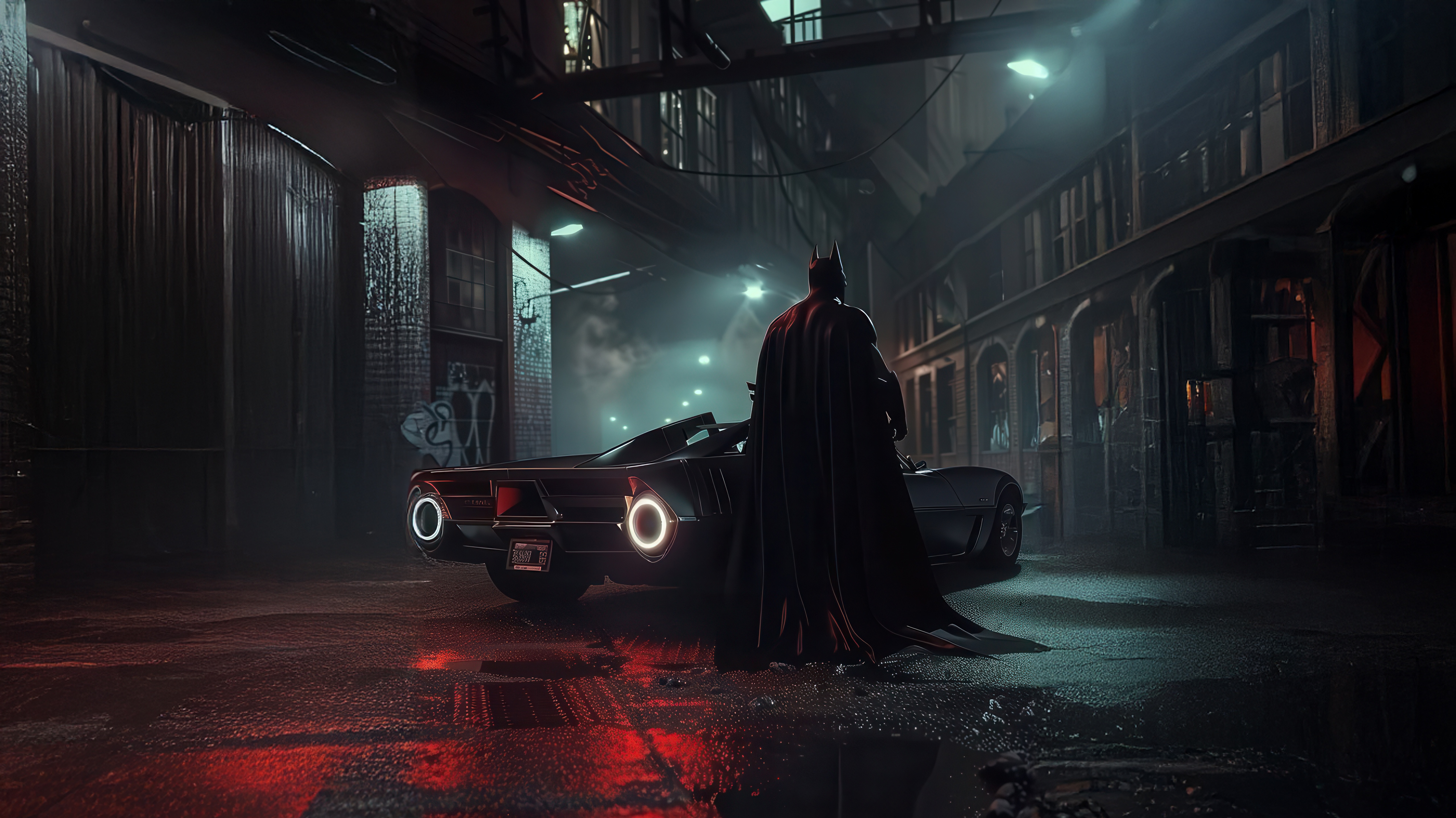 The Batman and his car in a dark alley HD Wallpaper