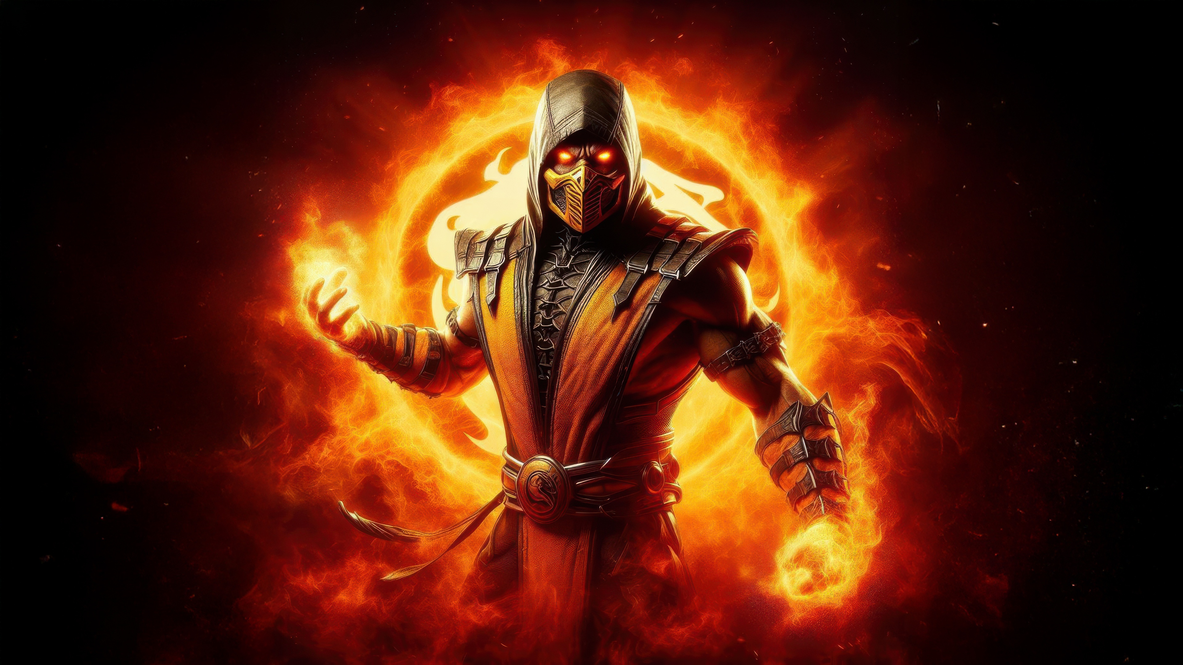 Scorpion from Mortal Kombat surrounded by fire HD Wallpaper