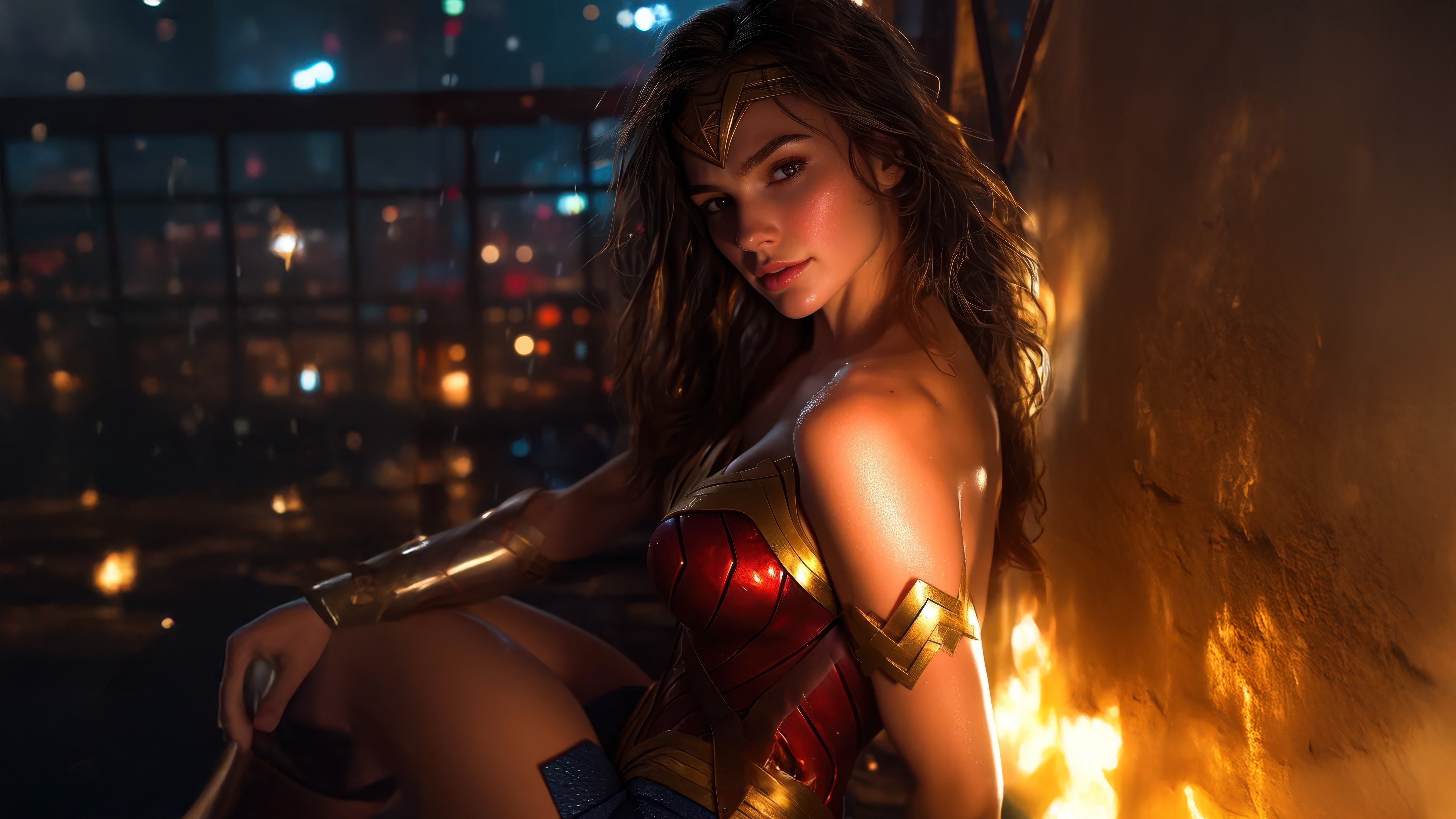 Wonder Woman sitting in front of city lights HD Wallpaper