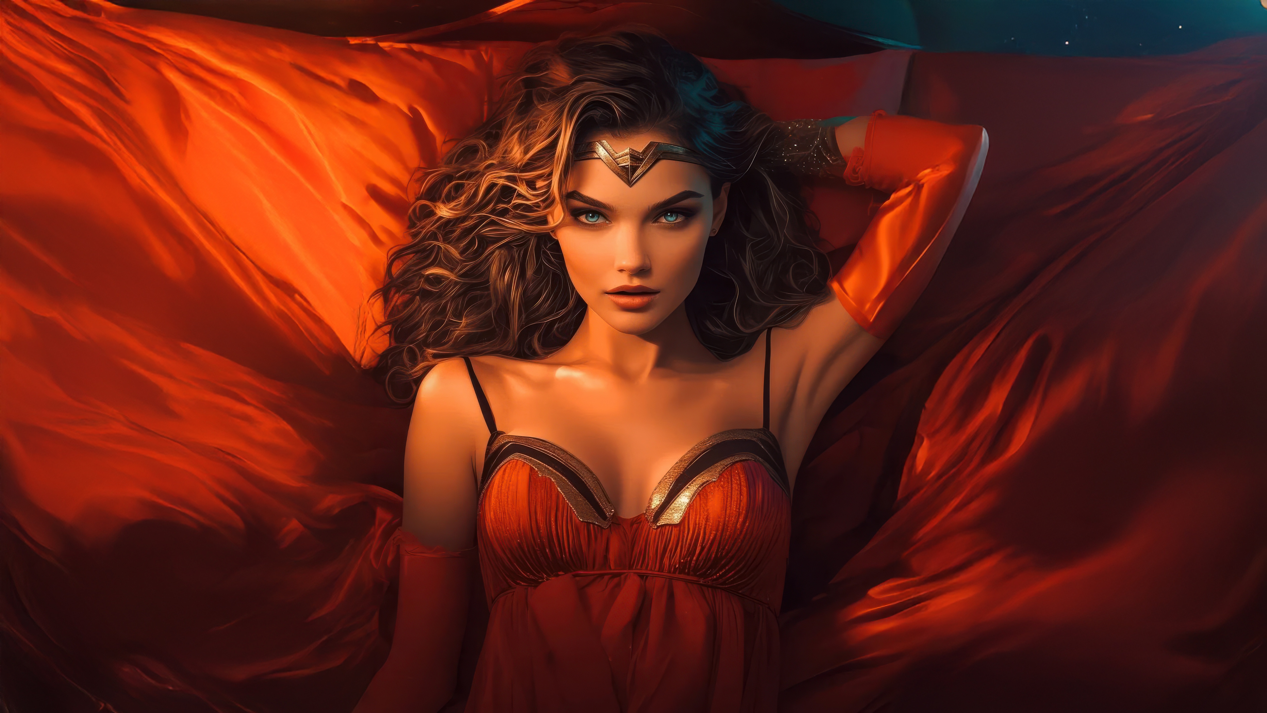 Wonder Woman in a red outfit with a golden tiara HD Wallpaper