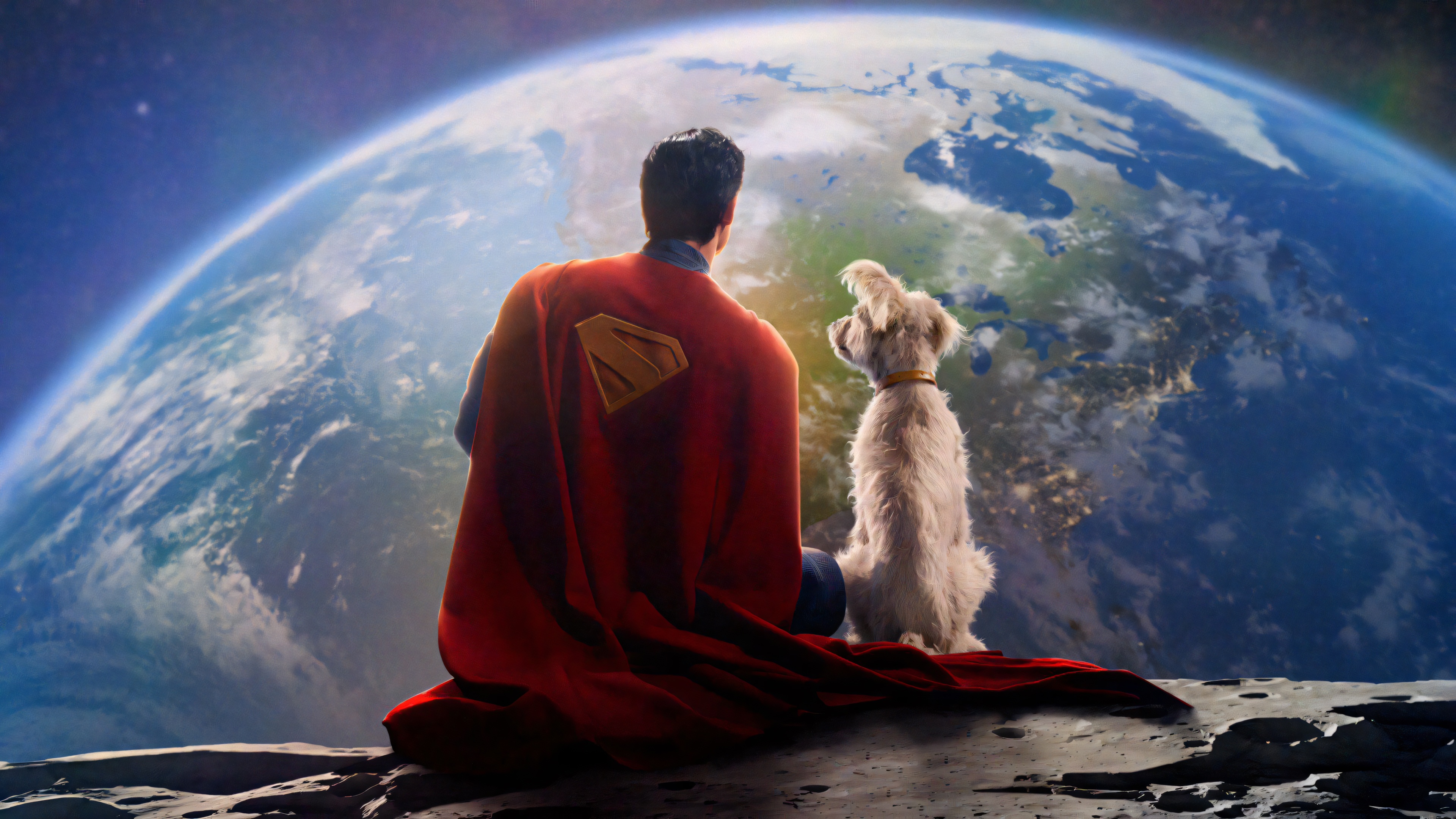 Superman and Krypto on the Moon overlooking Earth HD Wallpaper
