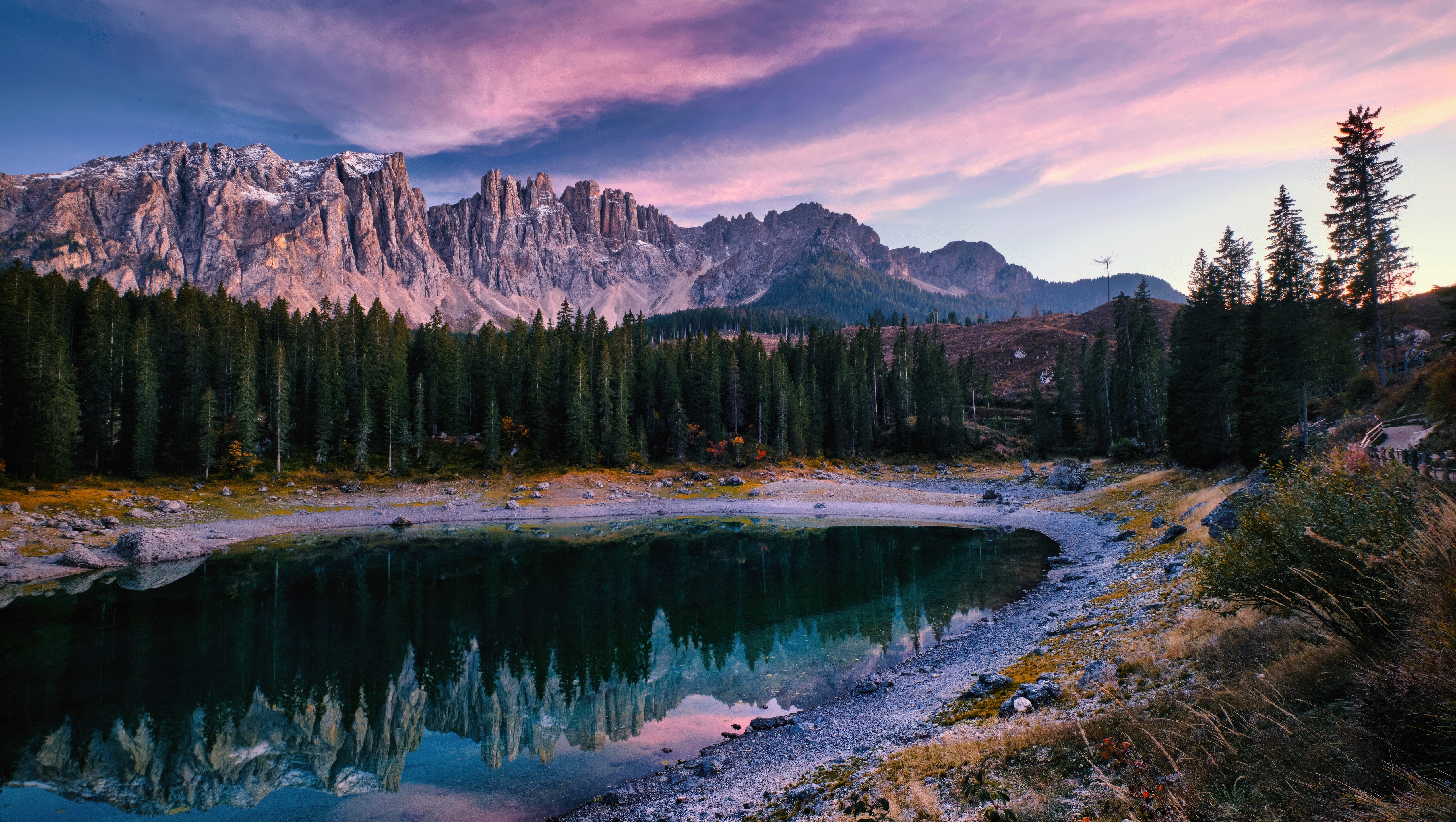 Lake reflection of mountains and pine forest at sunset HD Wallpaper
