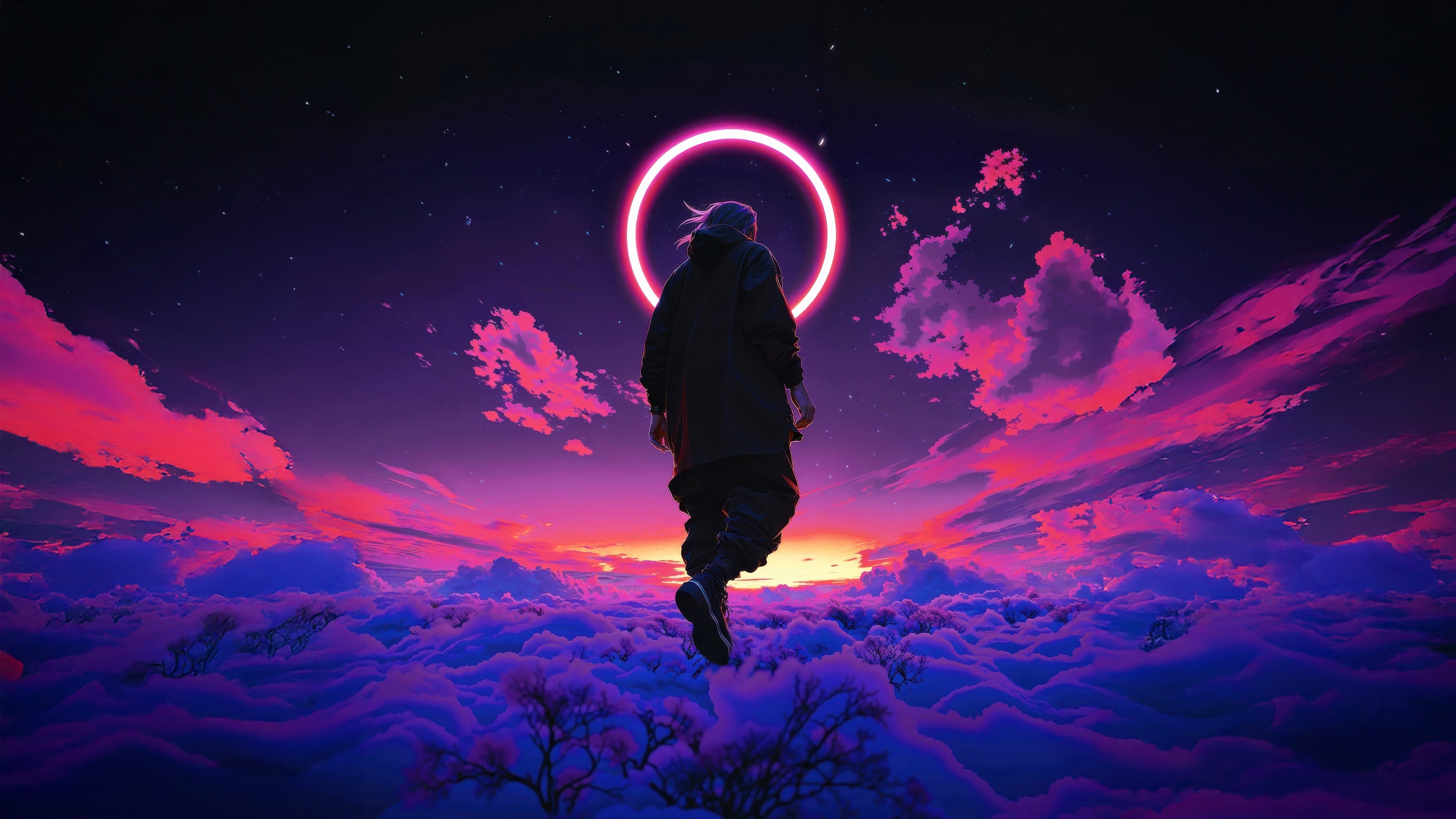 Person levitating above clouds under neon ring HD Wallpaper