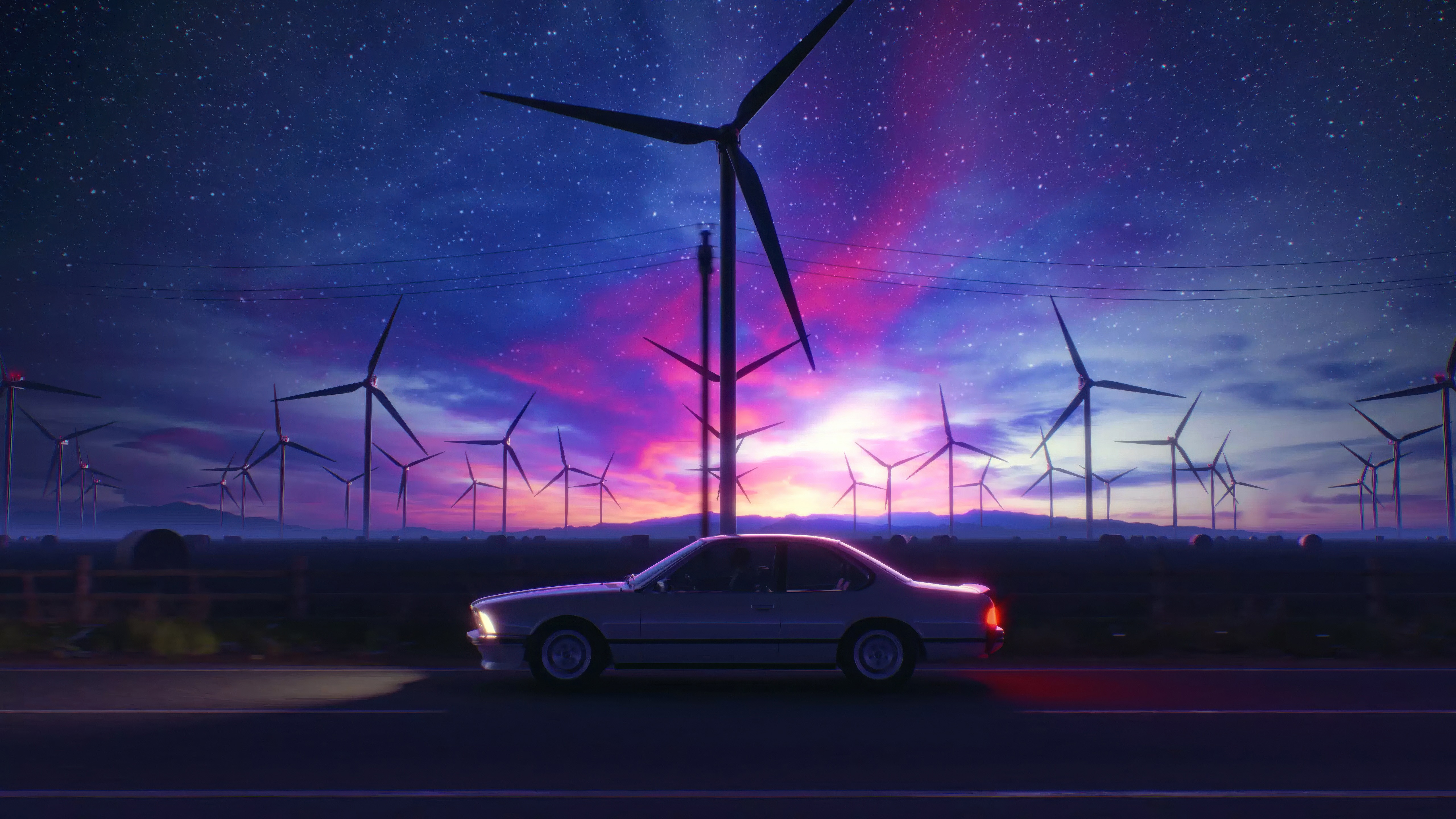 Car driving through a starry windmill landscape at sunset HD Wallpaper