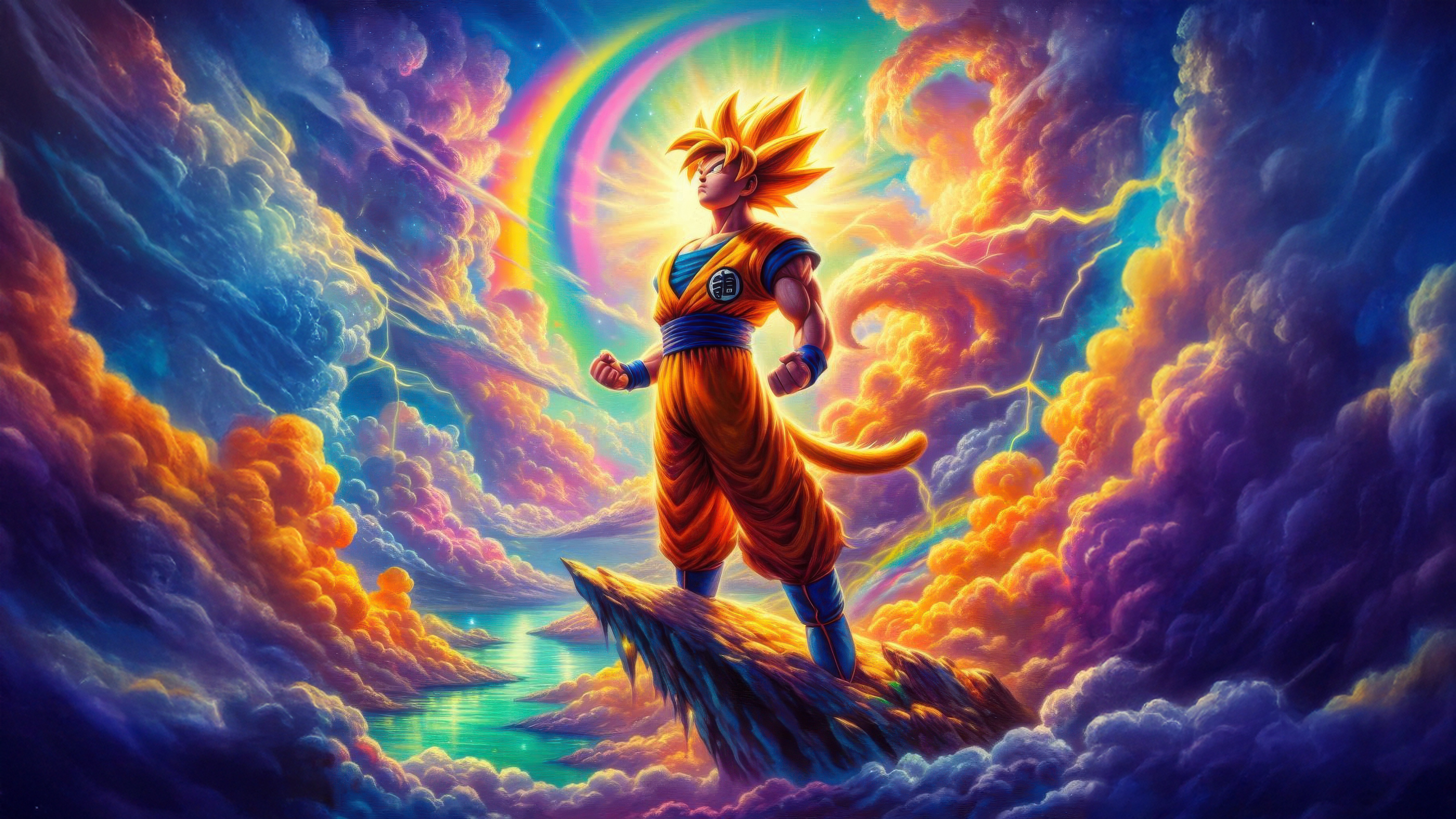 Goku in Super Saiyan form amidst colorful clouds and a rainbow HD Wallpaper