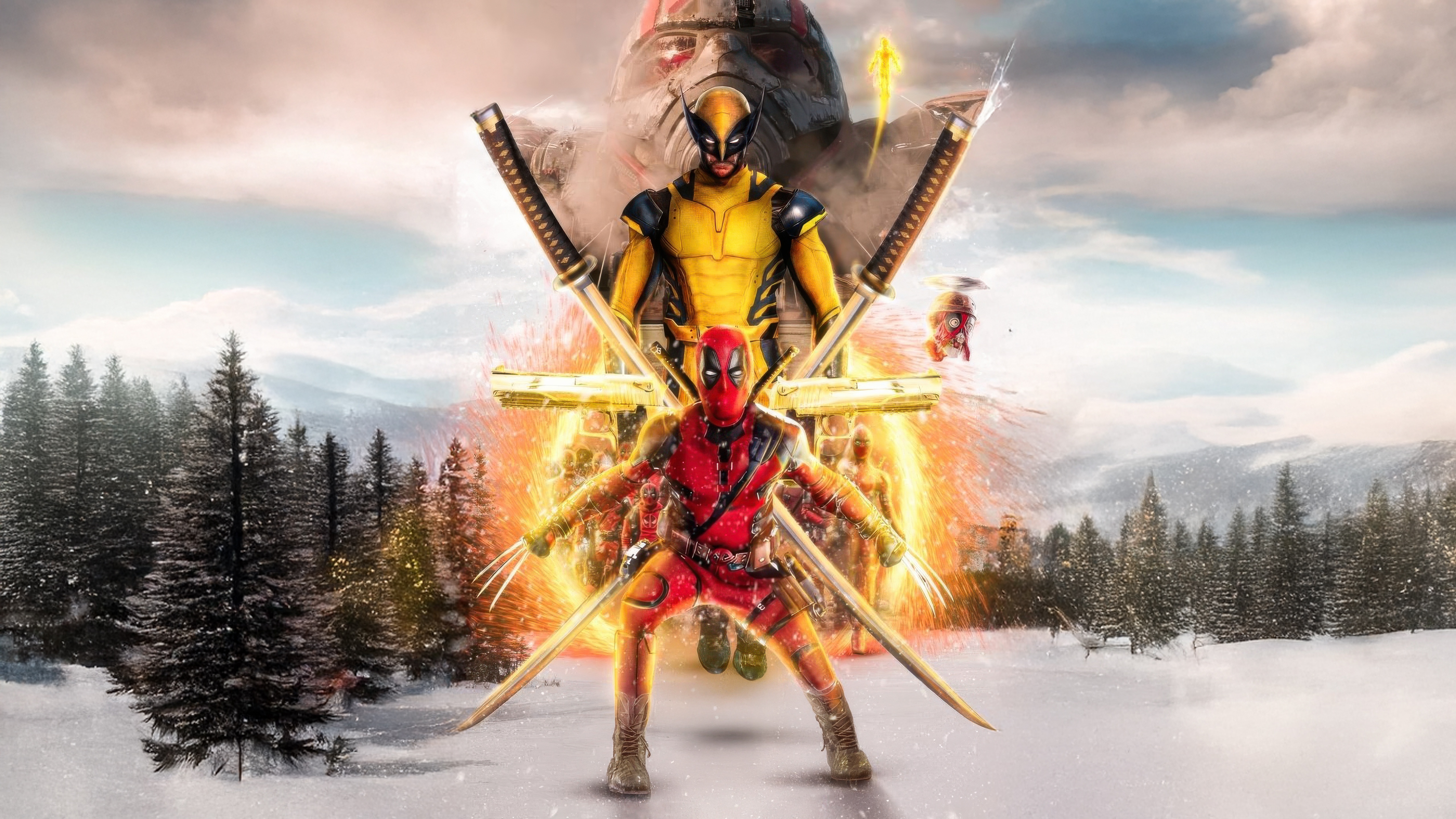 Deadpool and Wolverine in a Snowy Landscape HD Wallpaper