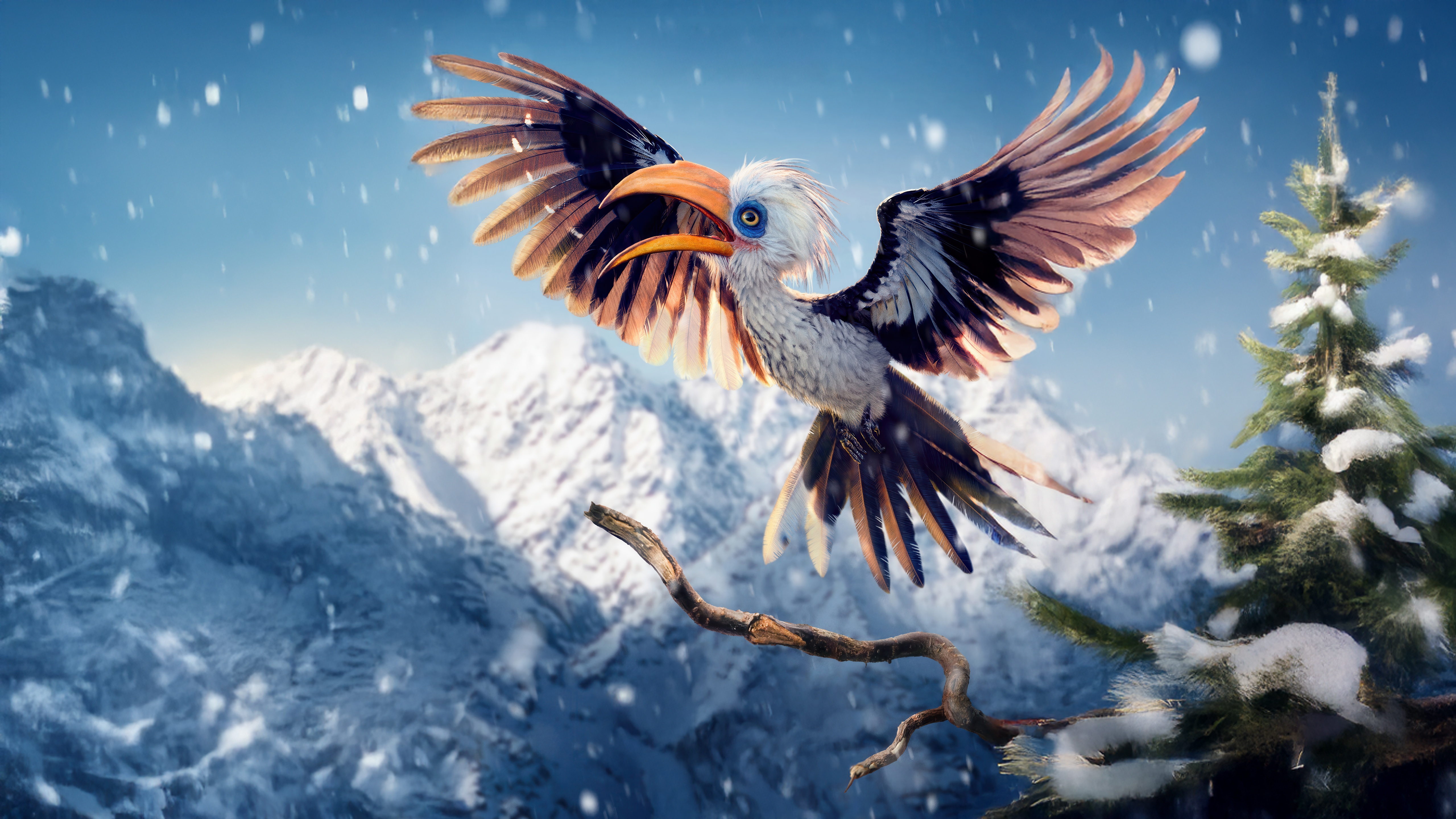 Zazu flying in a snowy mountain landscape HD Wallpaper