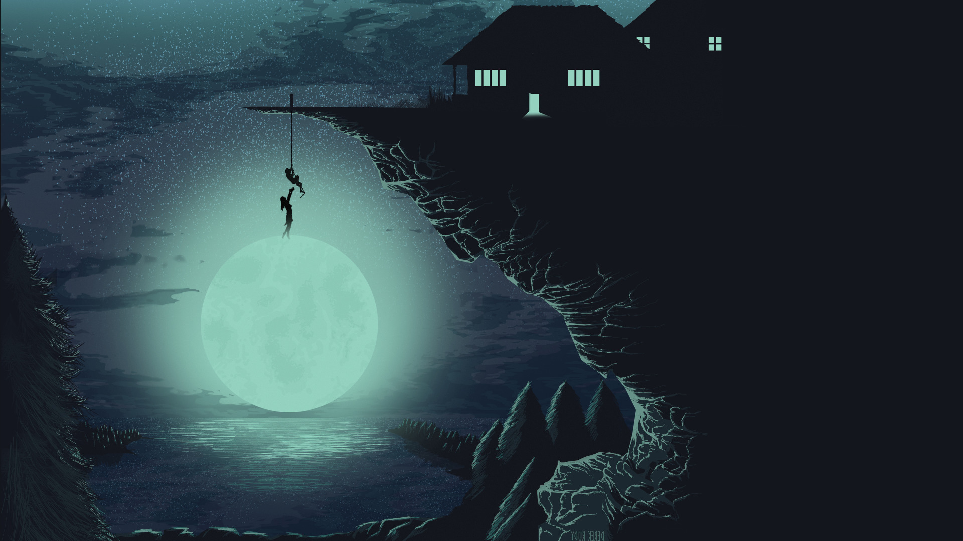 Two people climbing a rope attached to the moon HD Wallpaper