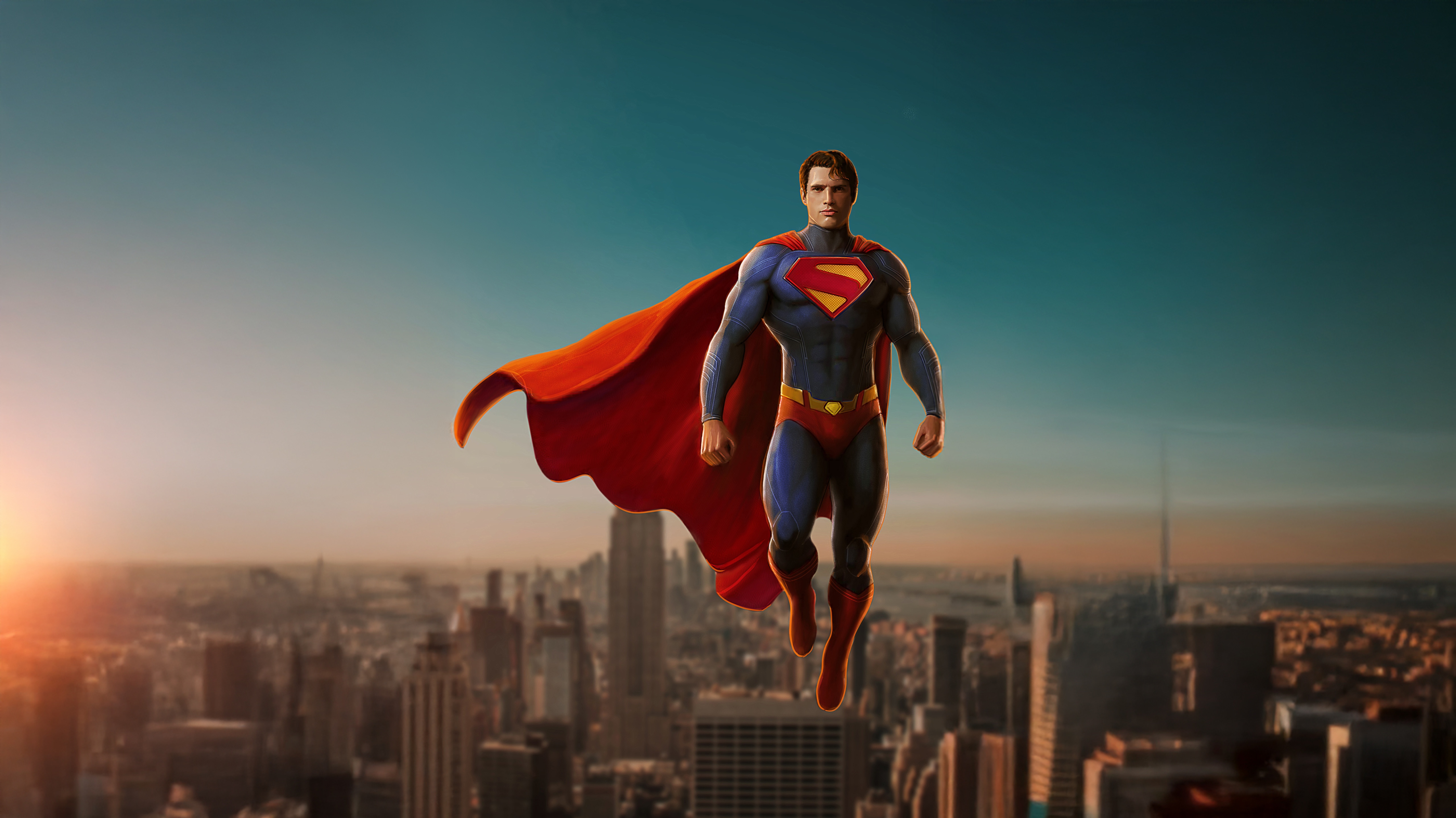 Superman flying over a city at sunset HD Wallpaper