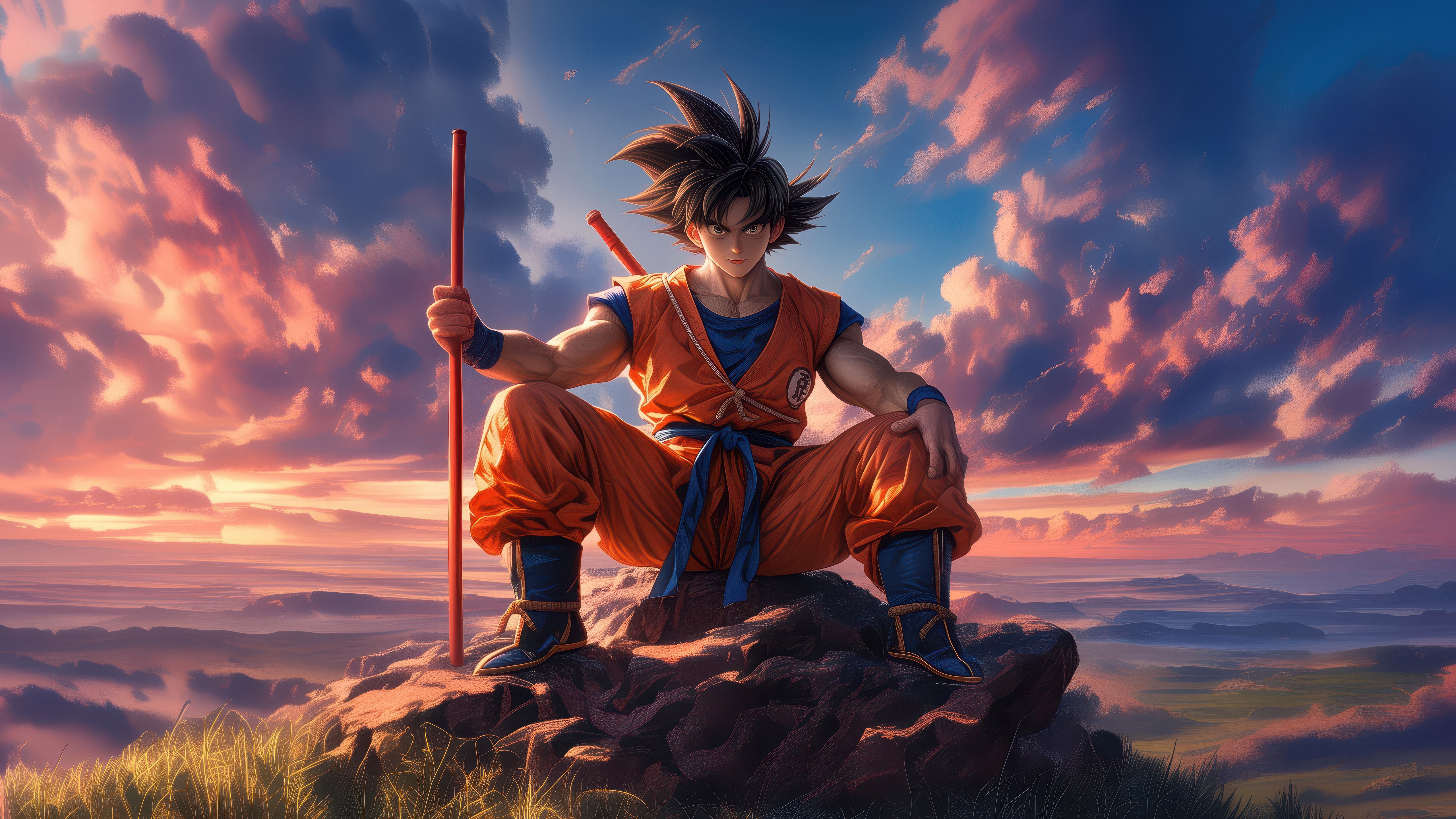 Goku sitting on a rock with his staff HD Wallpaper