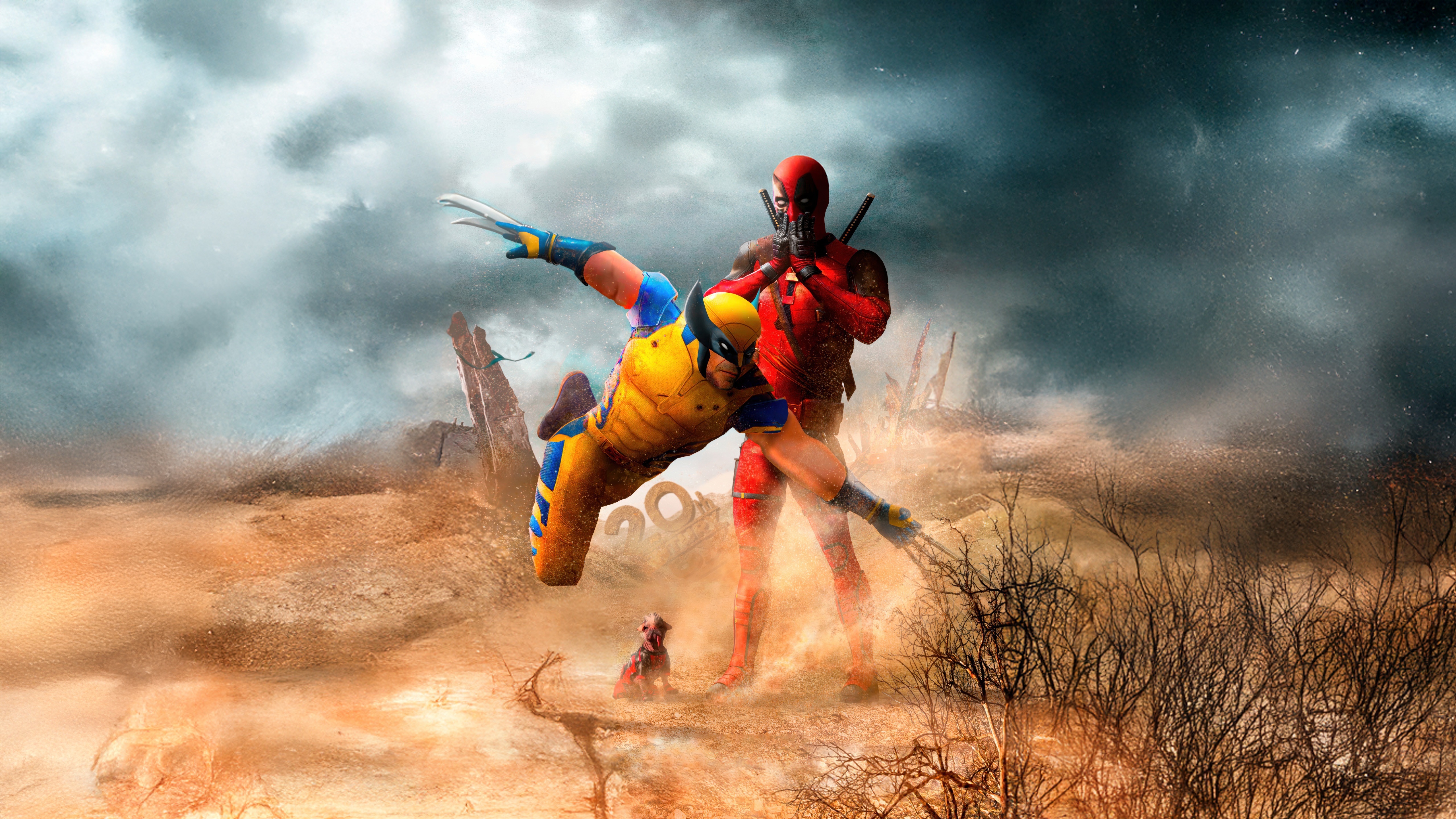 Deadpool and Wolverine in a desolate landscape HD Wallpaper