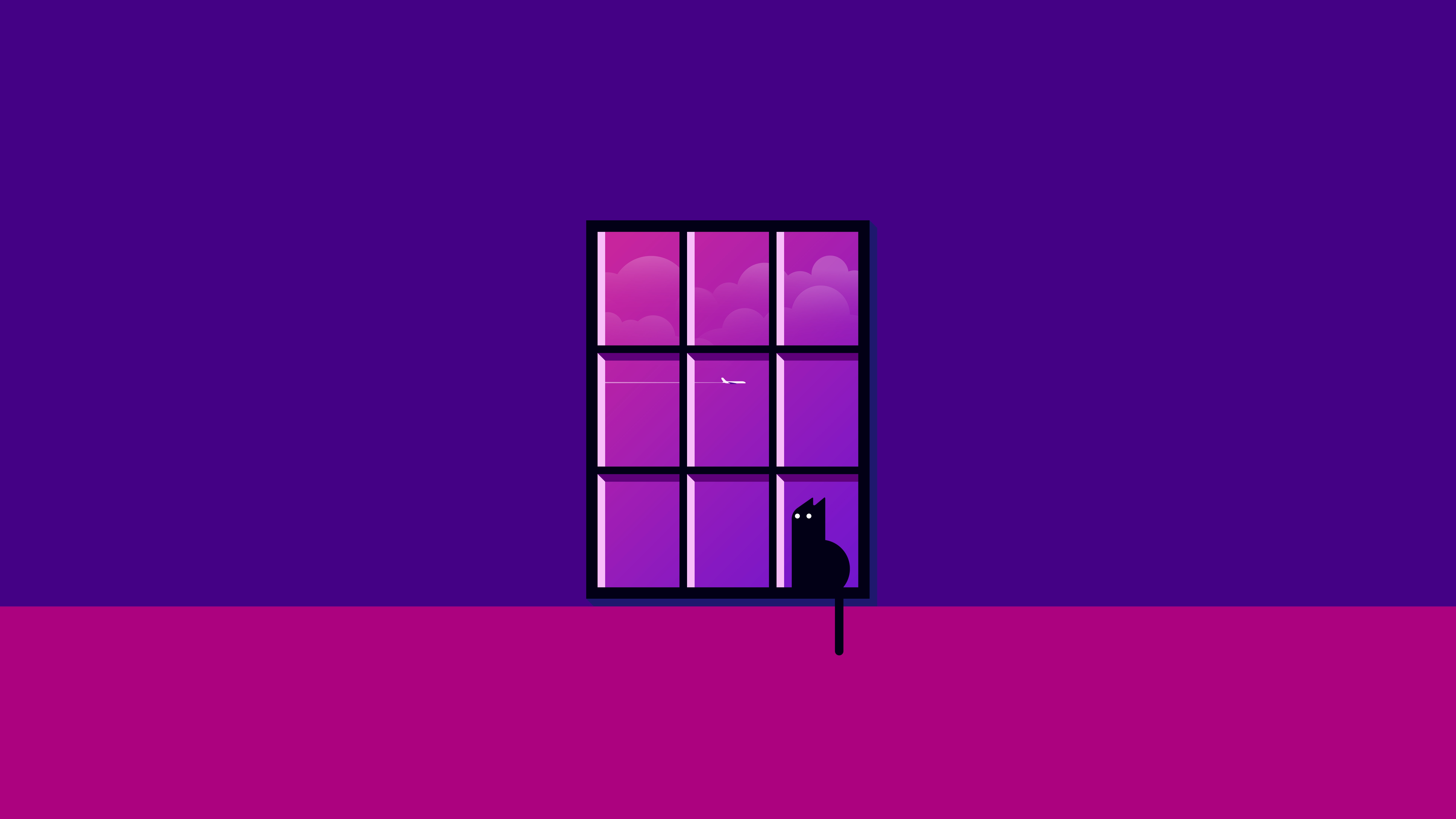 A black cat sits on a windowsill at dusk. HD Wallpaper