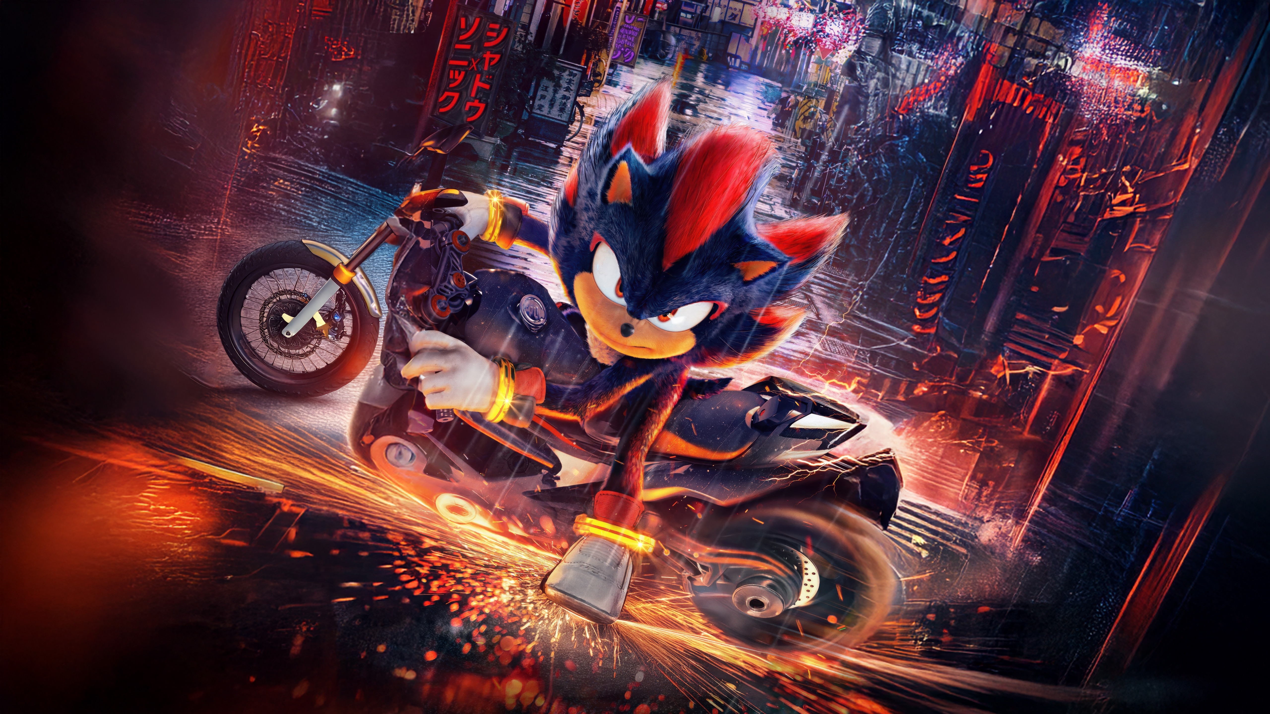Shadow the Hedgehog riding a motorcycle in a city HD Wallpaper