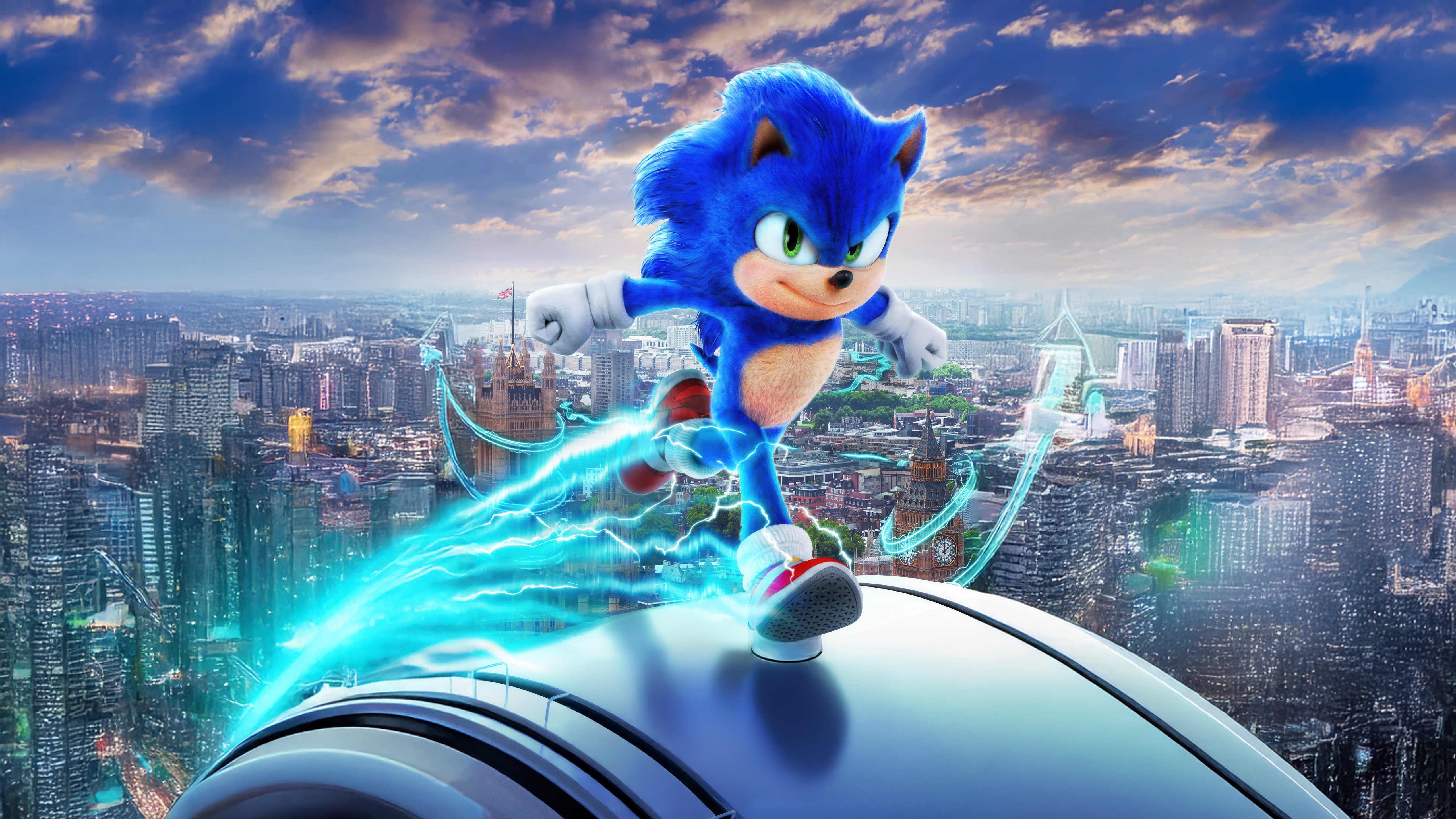 Sonic the Hedgehog running through a city HD Wallpaper