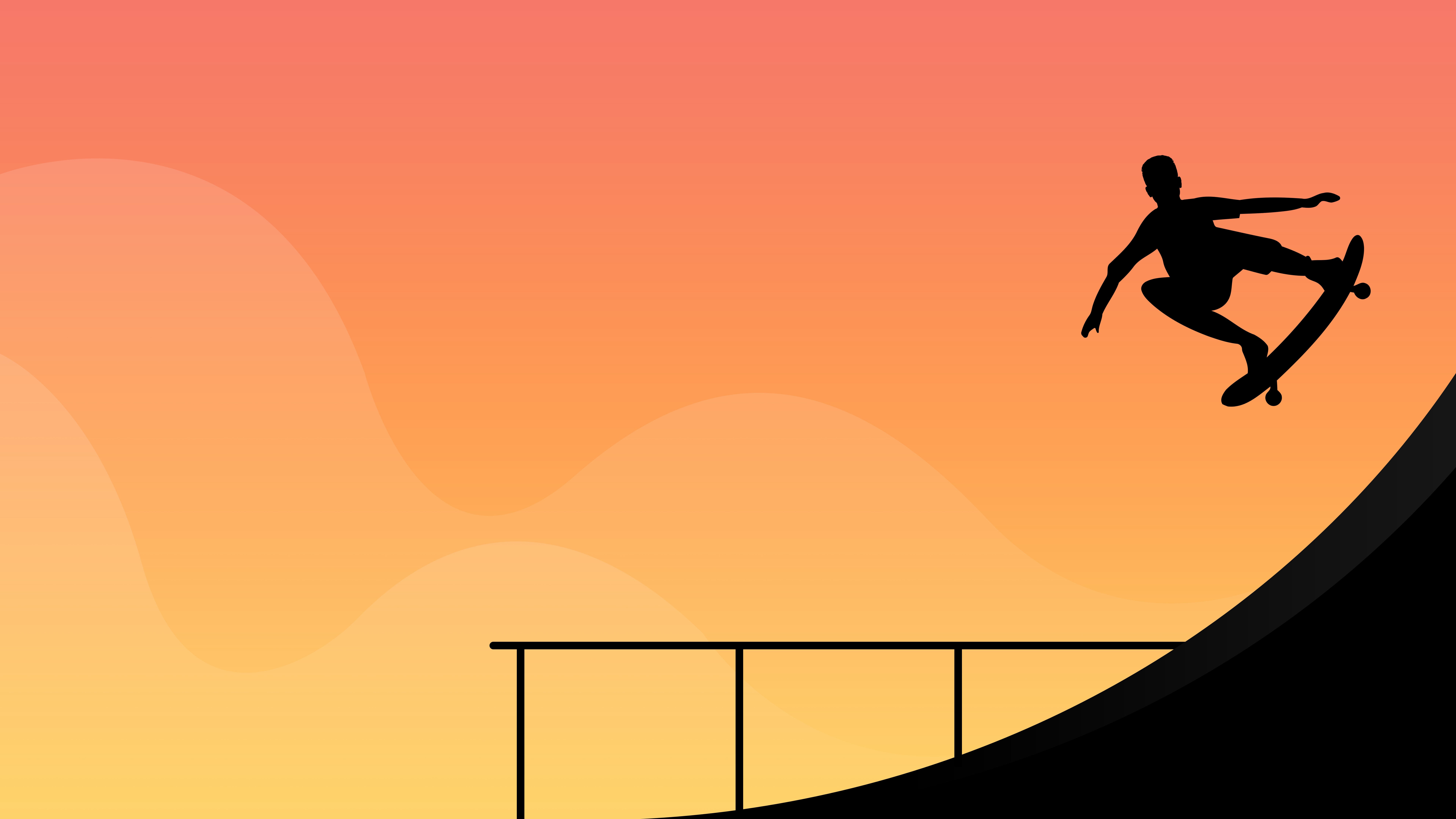 Silhouette of a skateboarder performing a trick at sunset HD Wallpaper