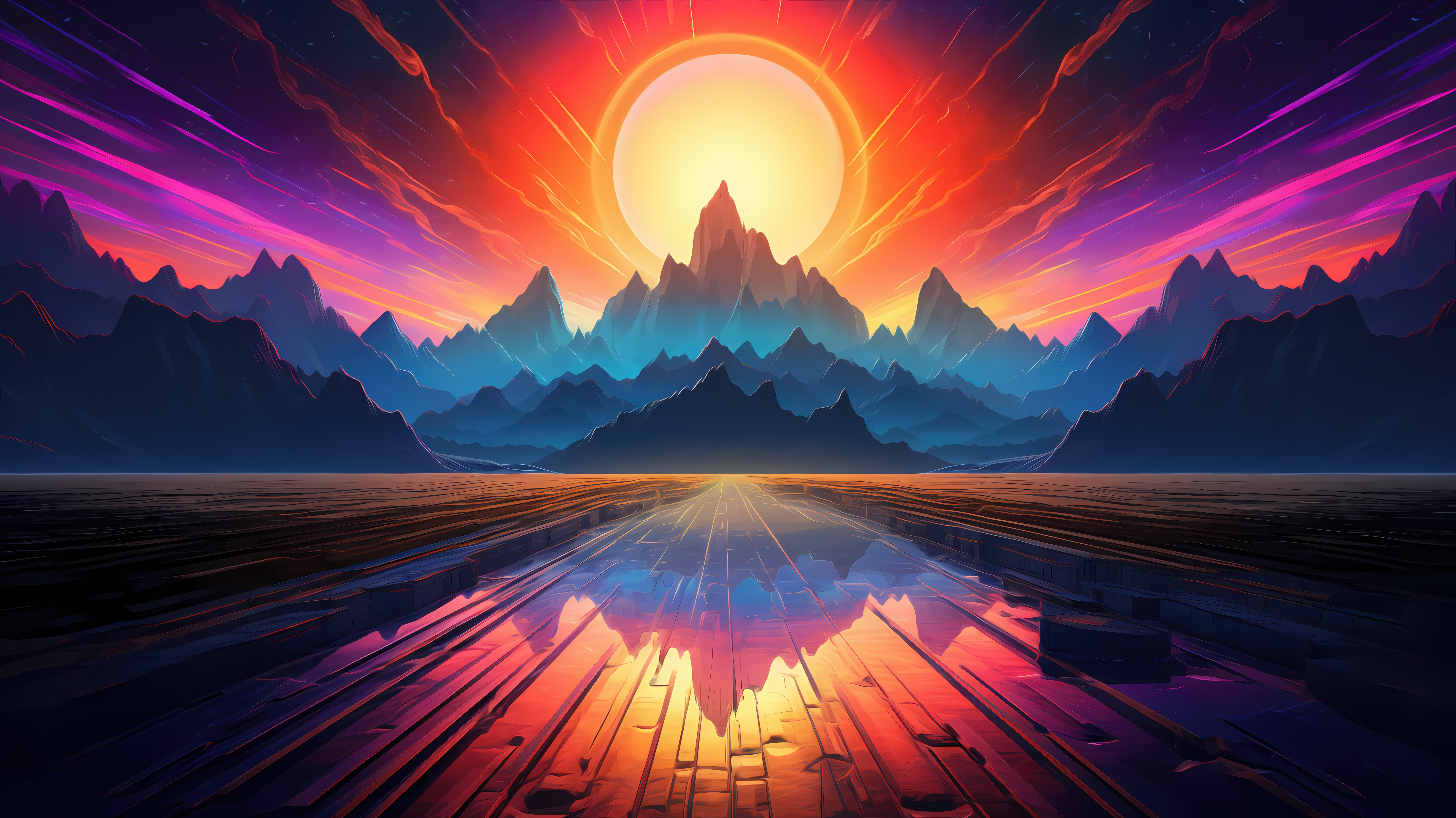 Neon Horizon Mountain Reflection HD Wallpaper