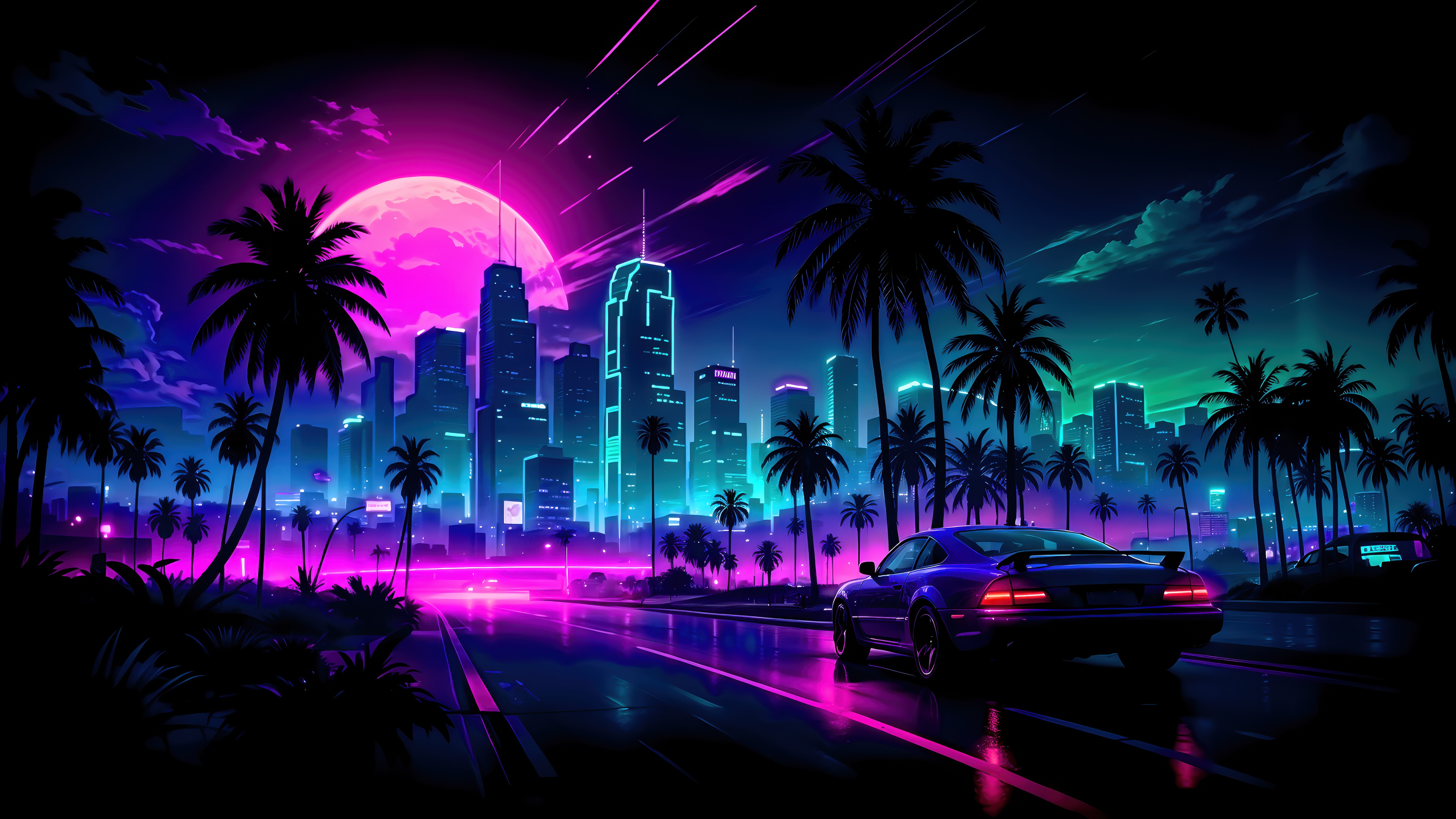 Neon City Midnight Drive with Palm Trees HD Wallpaper