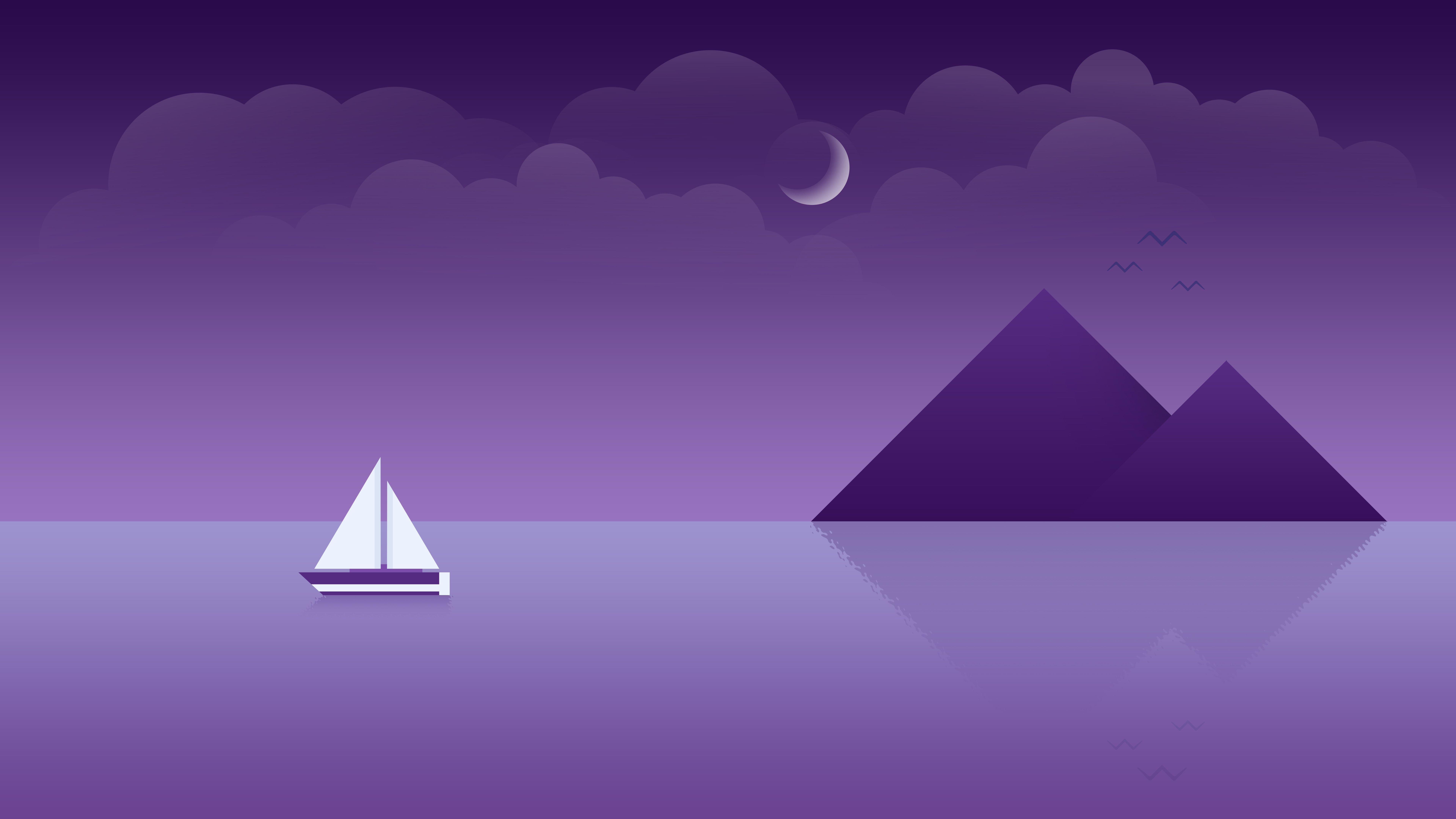 Minimalist purple lake with mountains and sailboat HD Wallpaper