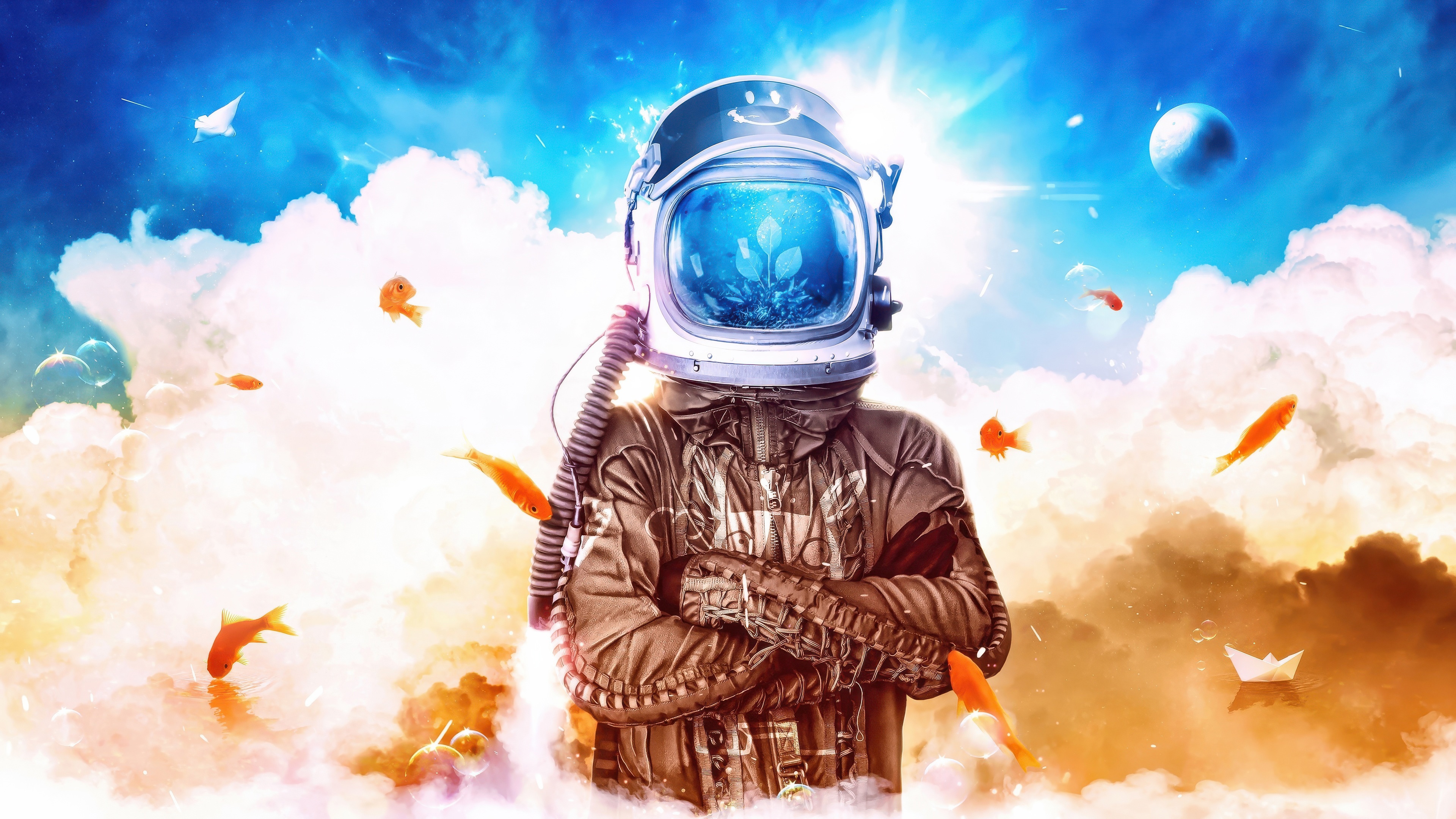 Astronaut with fish in helmet in clouds HD Wallpaper