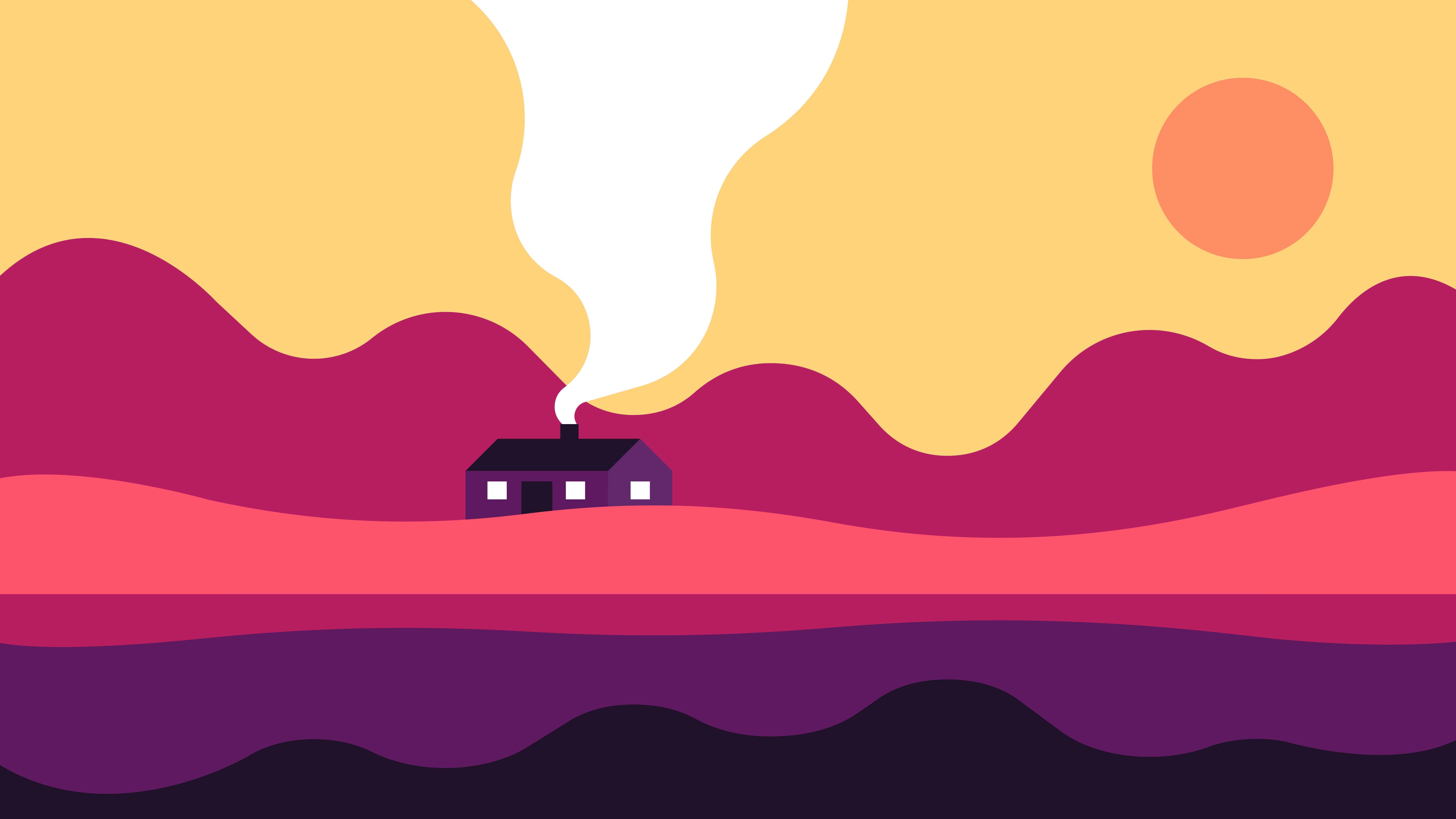 Minimalist house with smoke and sun HD Wallpaper