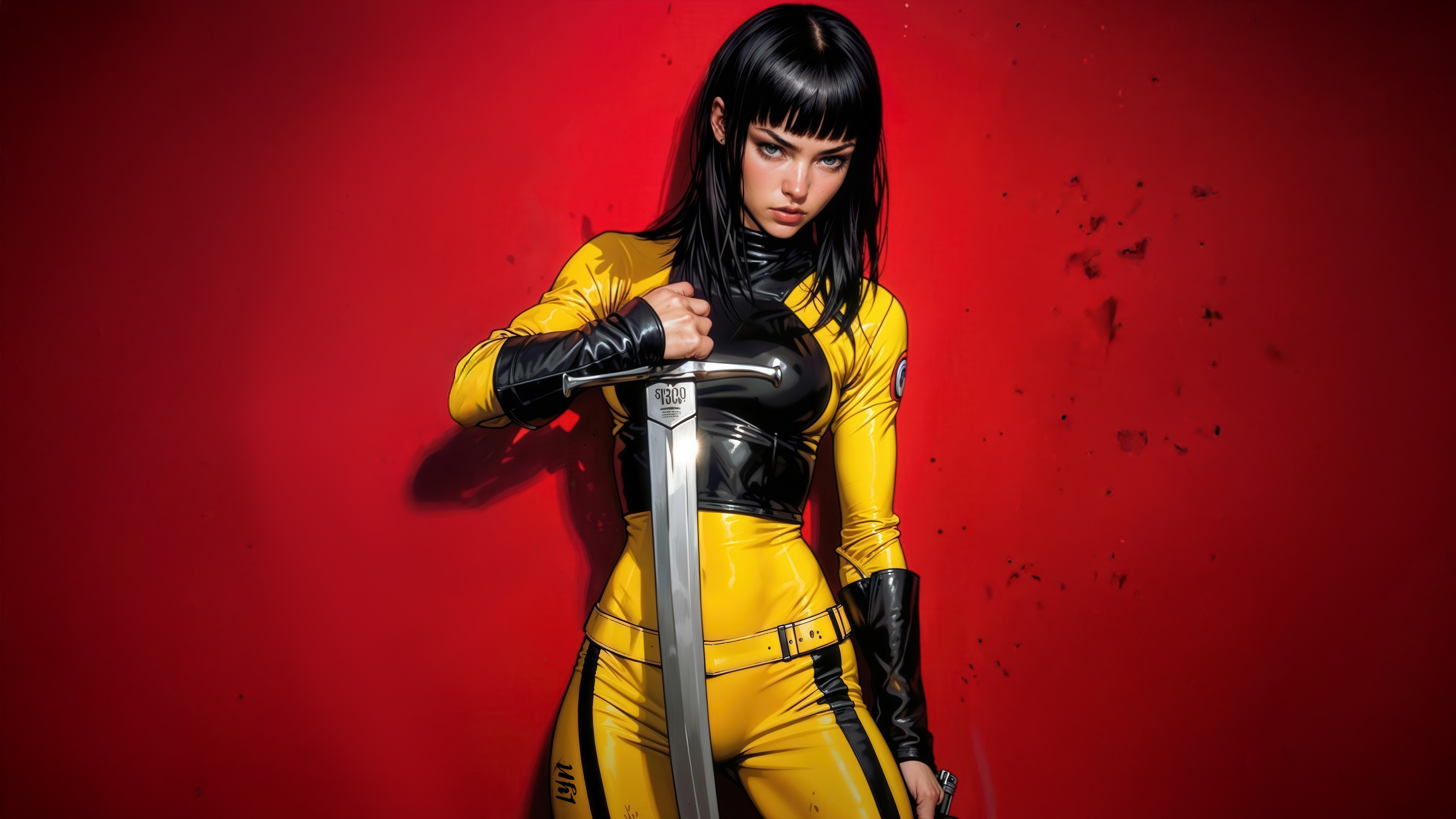Woman in yellow and black suit holding a sword HD Wallpaper