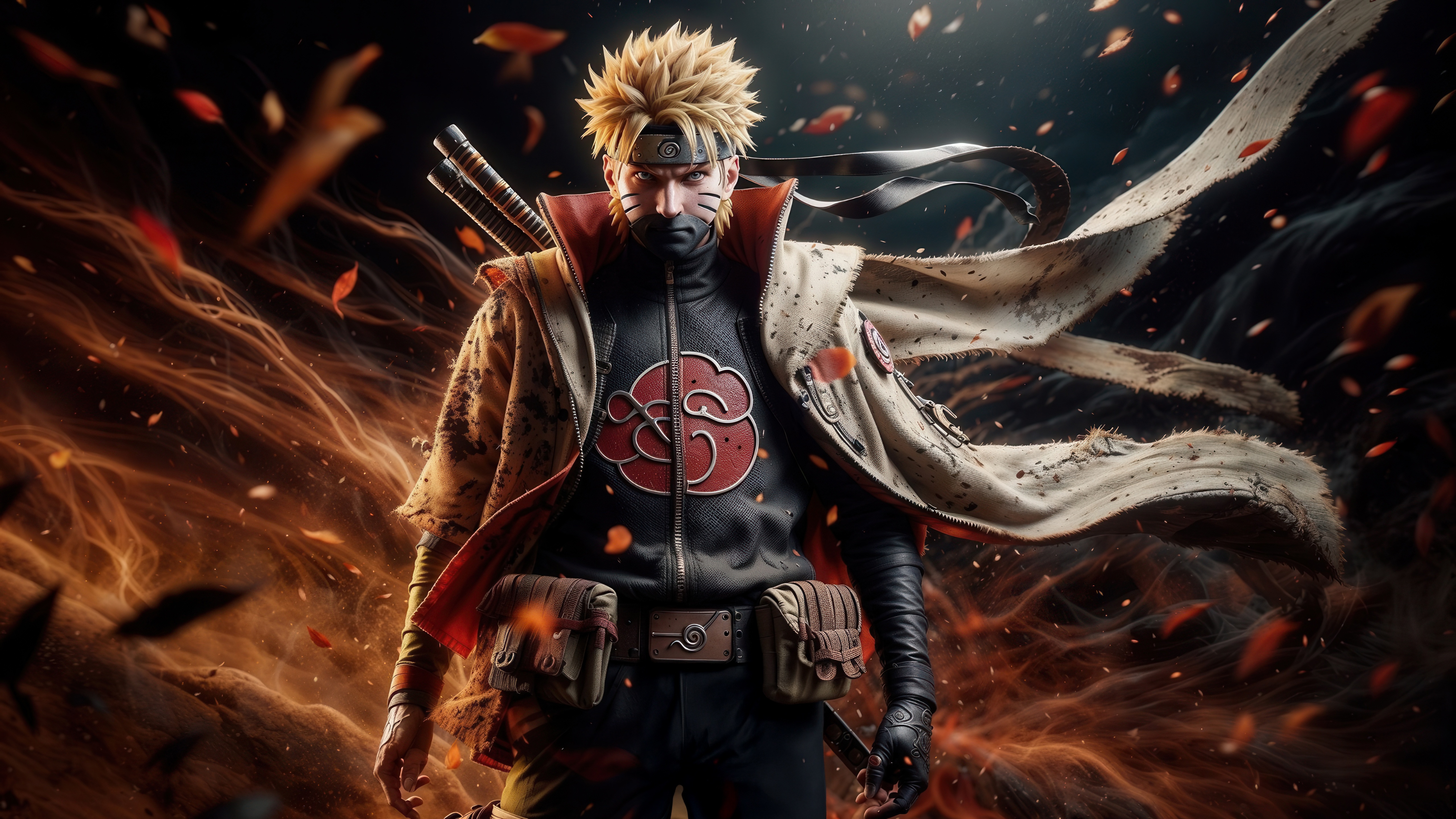 Naruto Uzumaki in Akatsuki cloak with swords HD Wallpaper