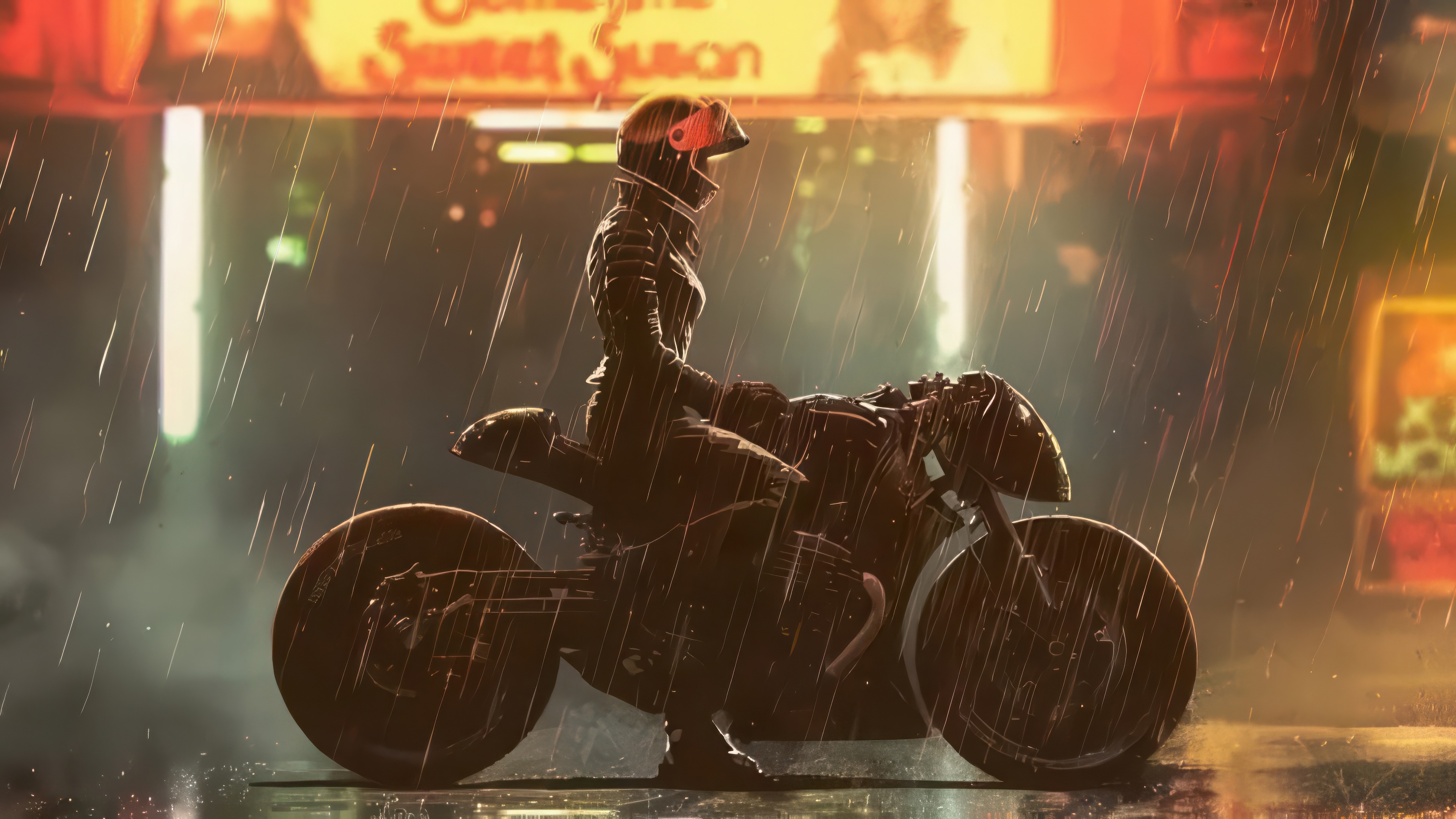 Catwoman on a motorcycle in the rain HD Wallpaper