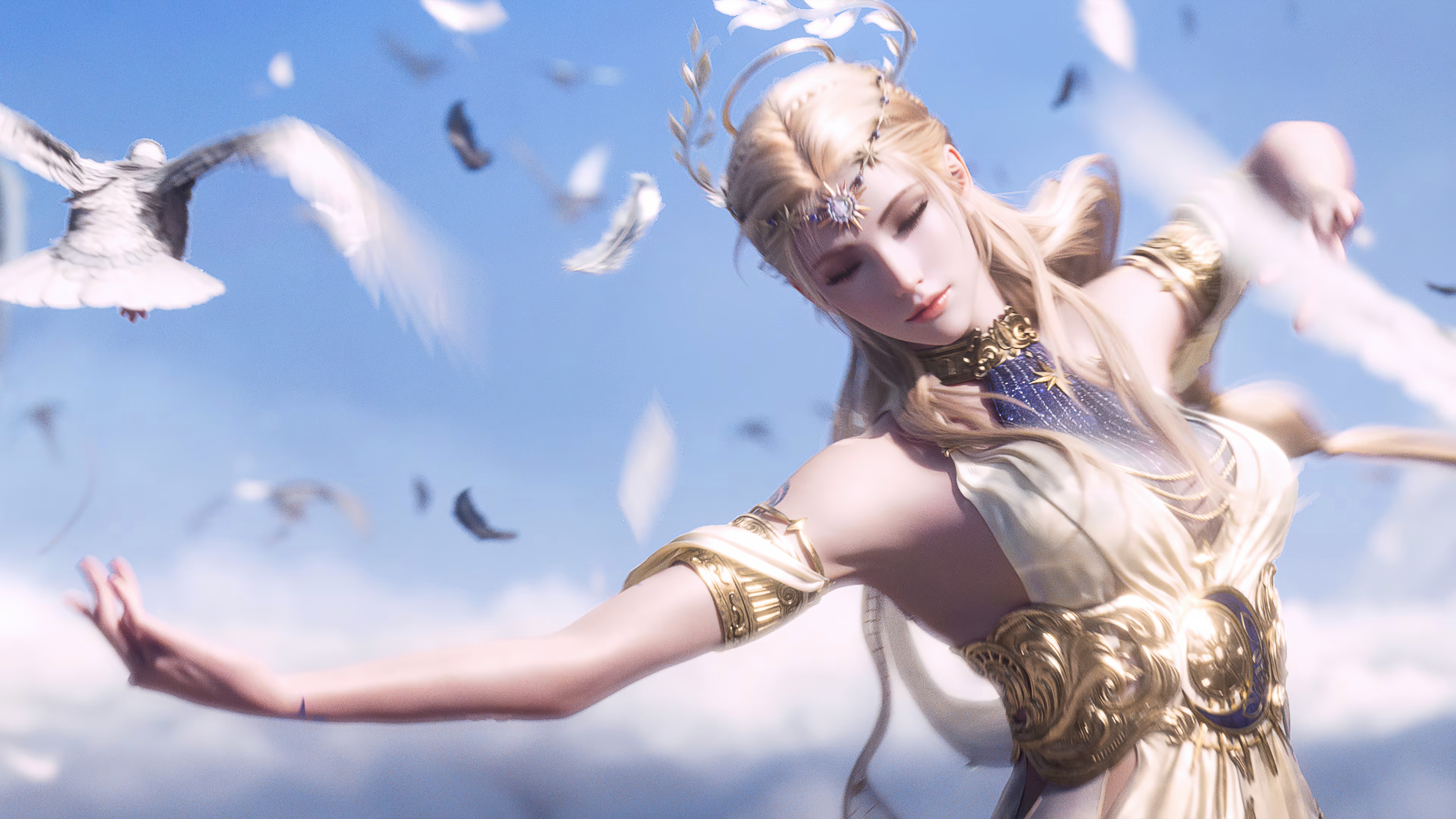 Naraka Bladepoint Game Character in Sky with Birds HD Wallpaper