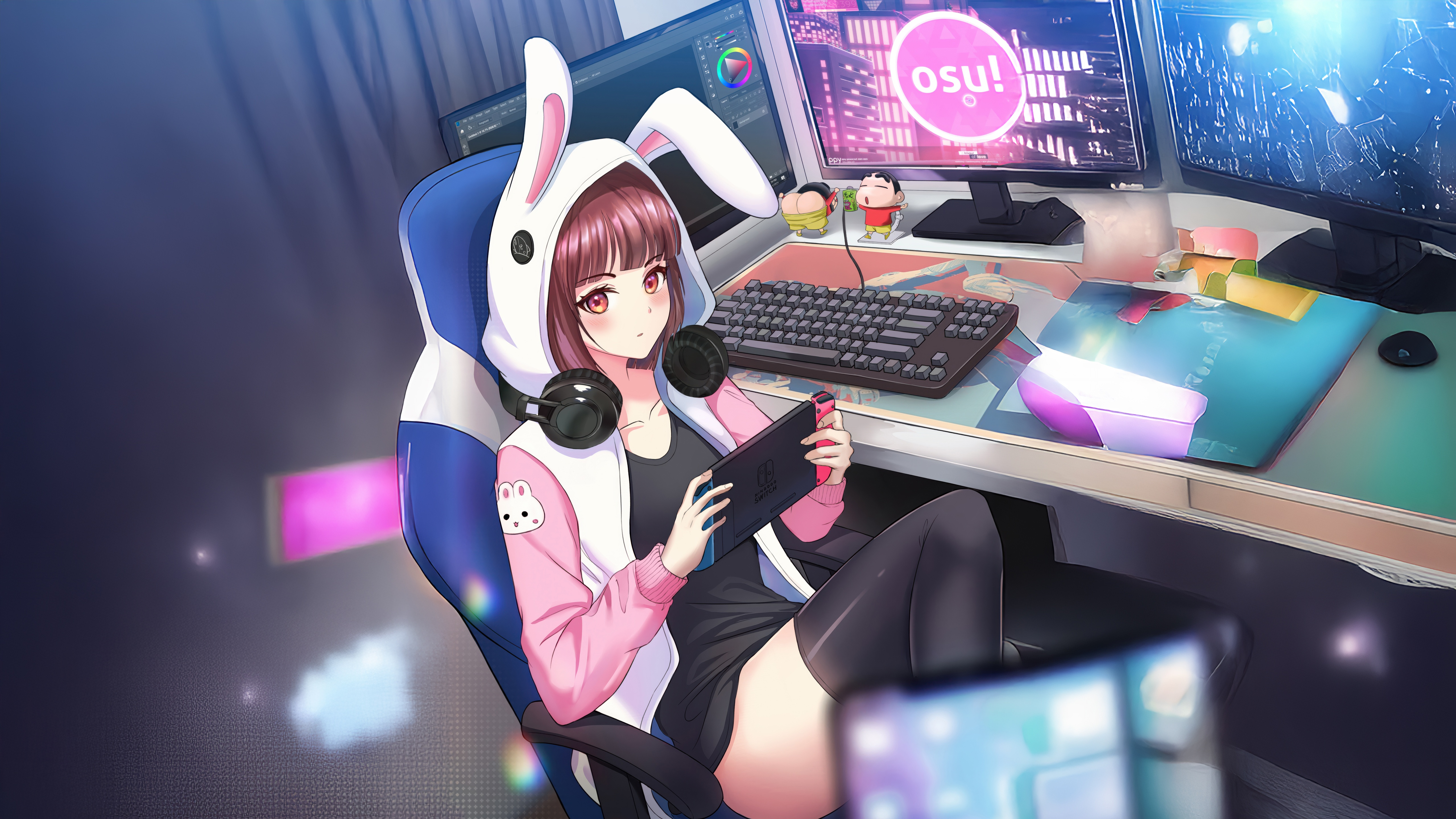 Otaku Gamer Girl with Bunny Ears Playing OSU! HD Wallpaper
