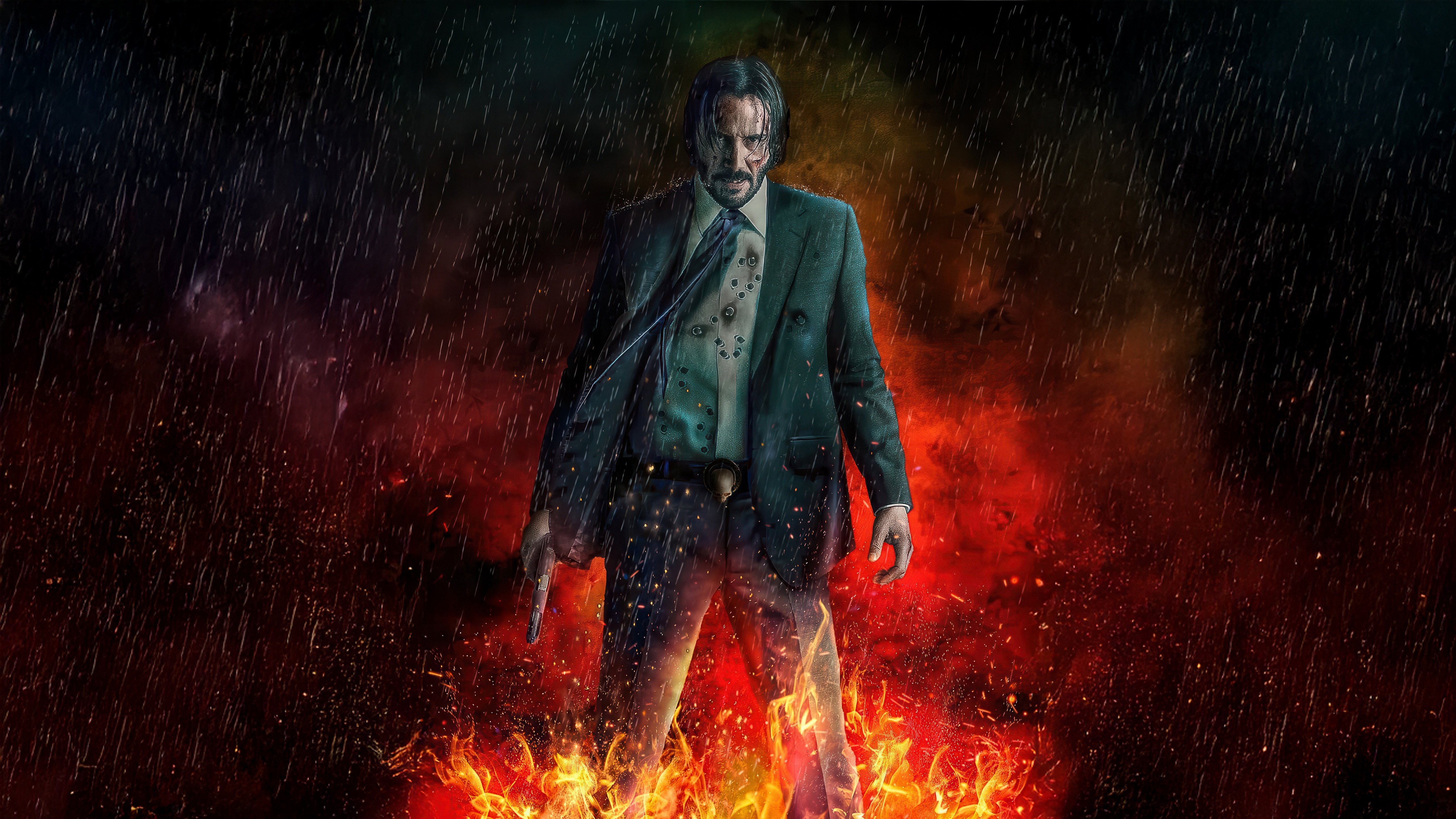 John Wick standing in fire and rain HD Wallpaper
